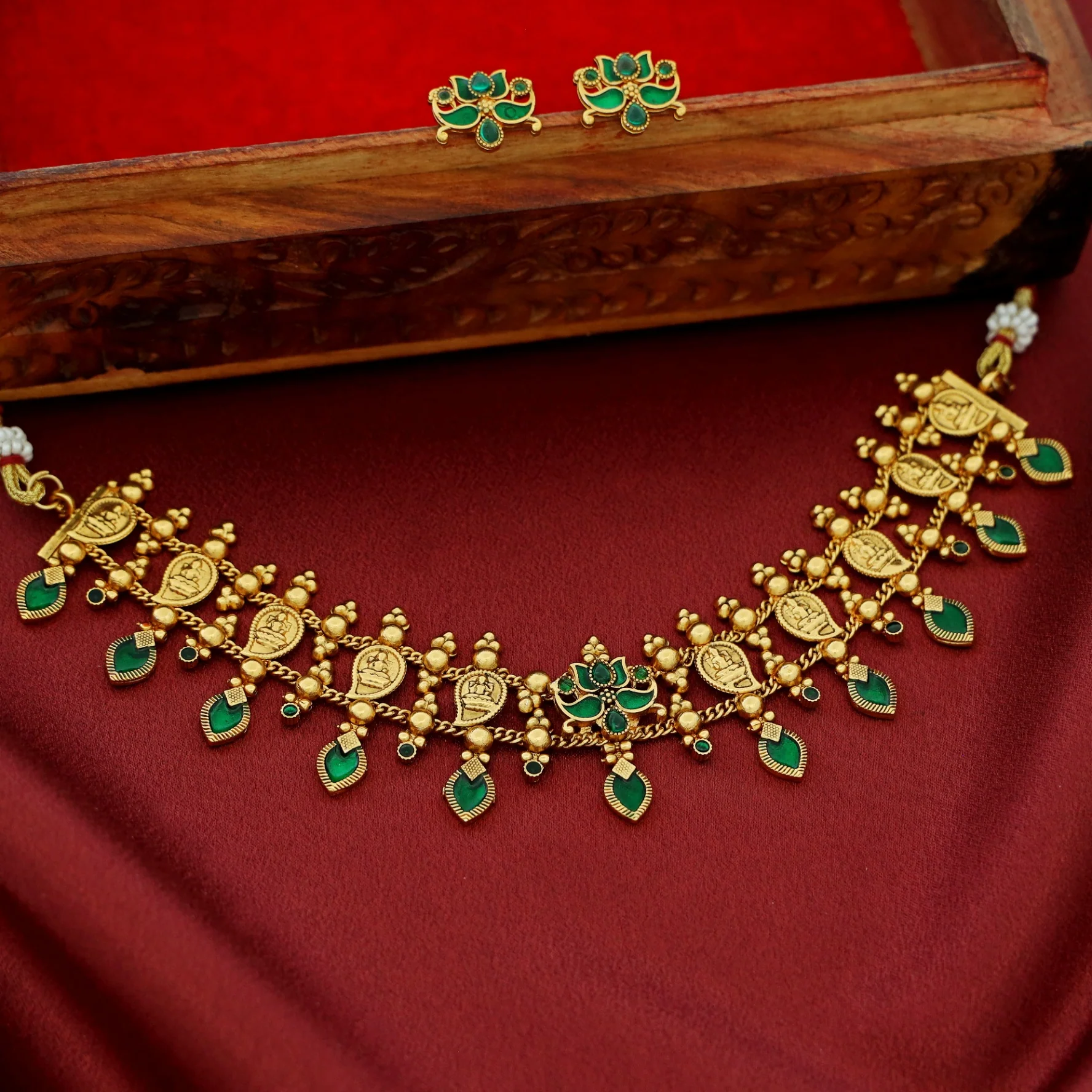Vishaka 2 Layer Mango Kashi Enamel Palakka Choker With Earring - Image 6