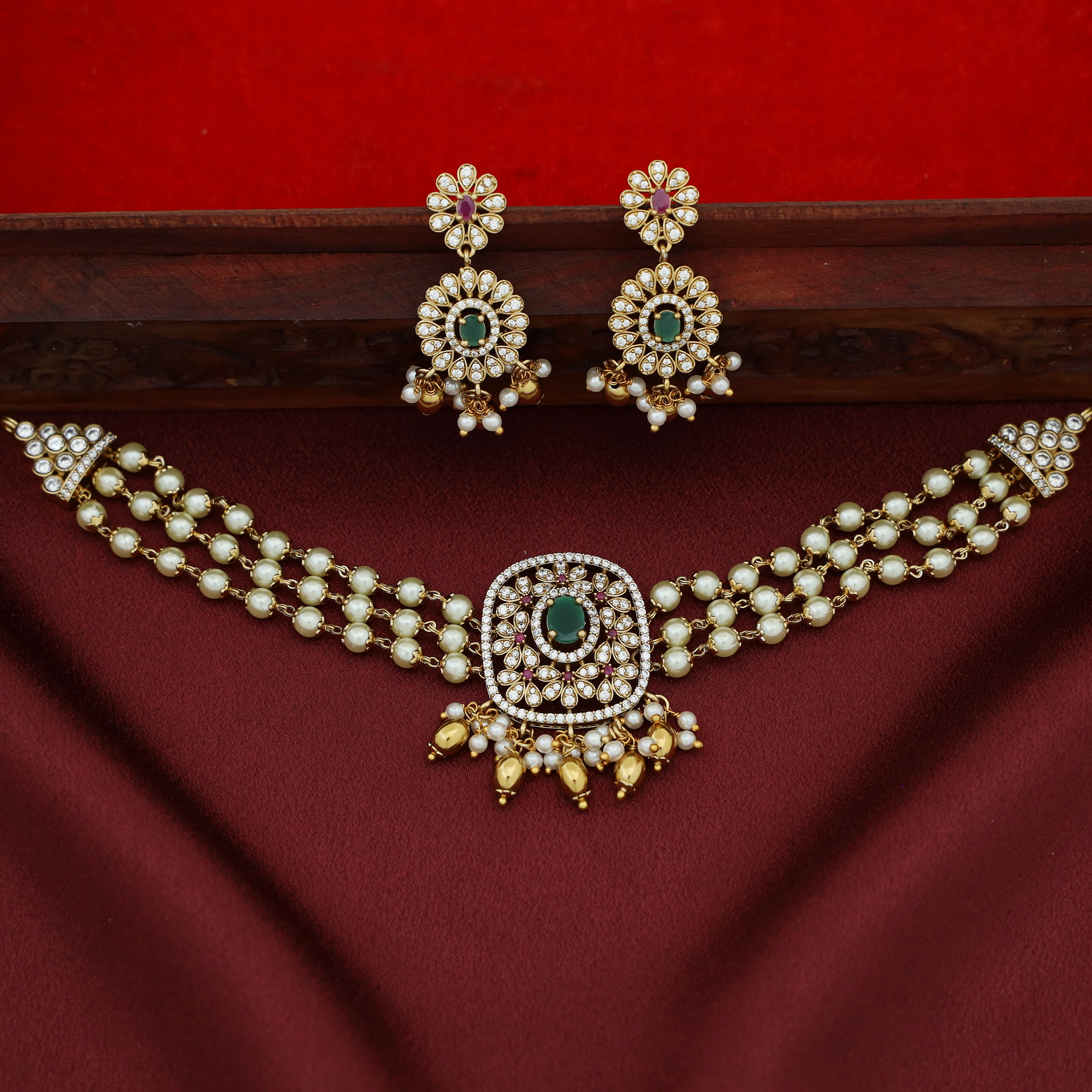 3 Layer Pearl Choker With Earring - Image 2
