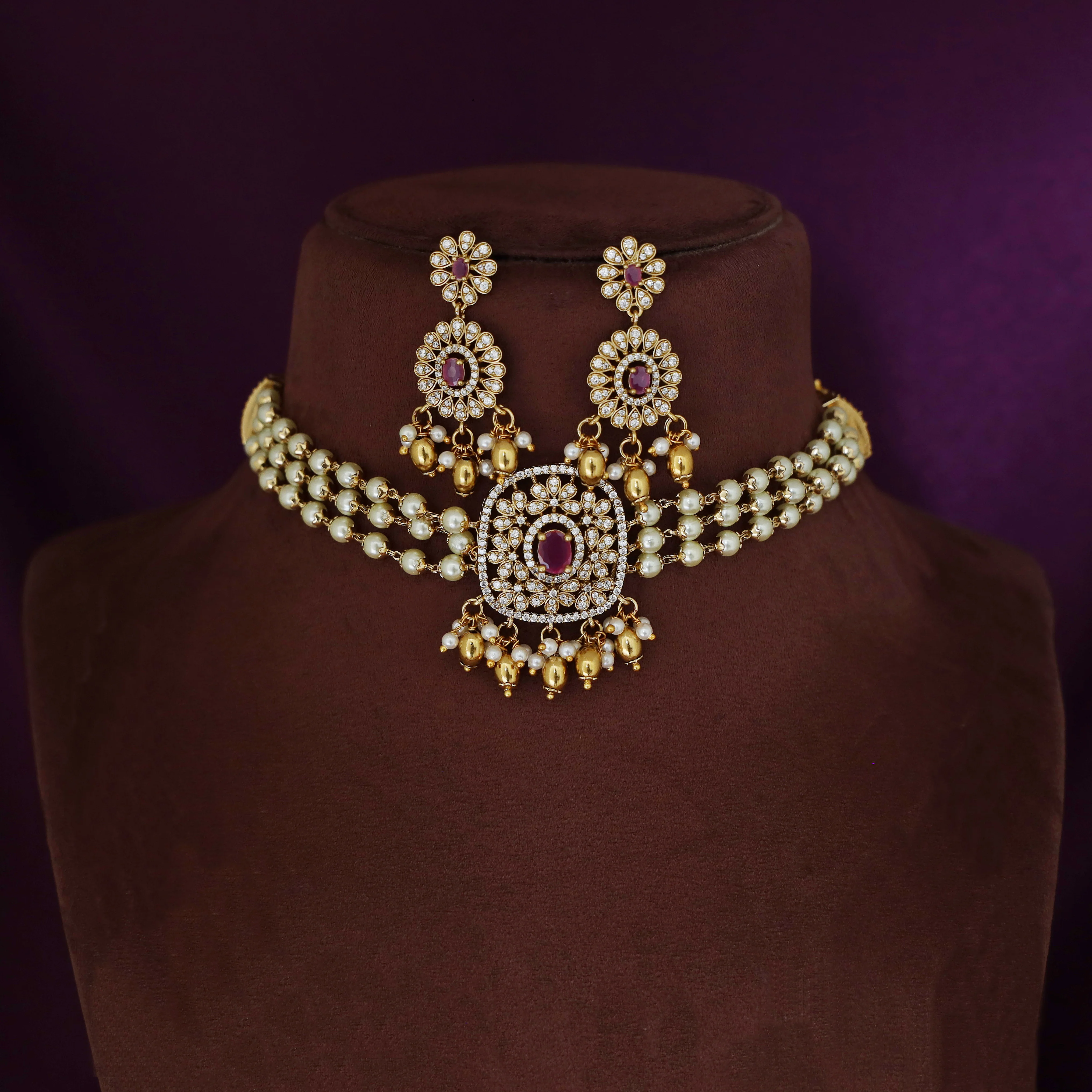 3 Layer Pearl Choker With Earring - Image 4