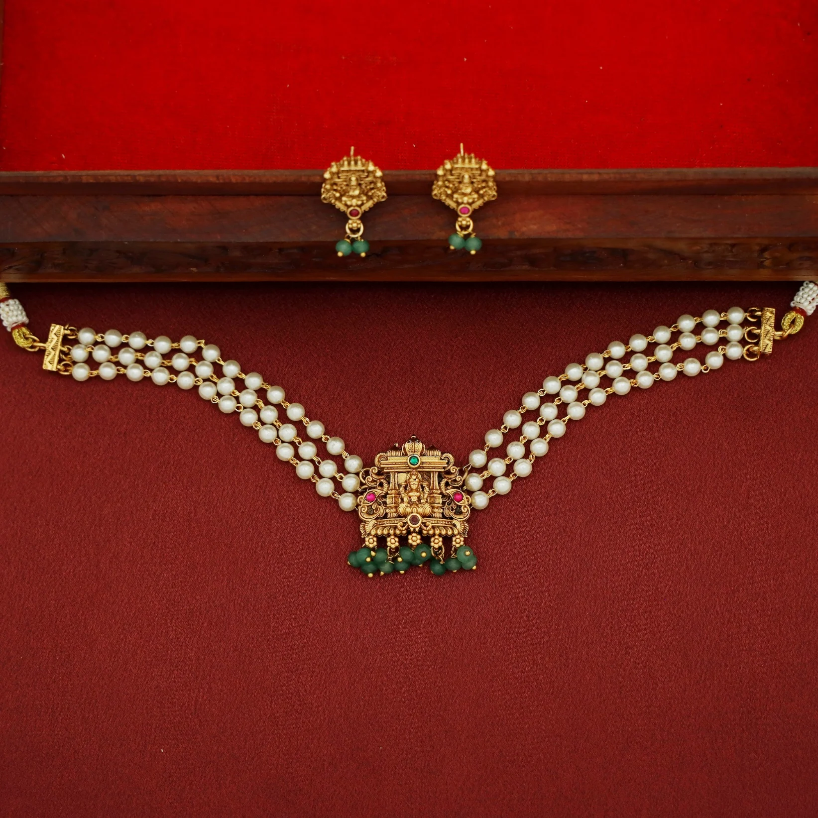 Yuvika Devi 3 Layer Pearl Beaded Choker With Earring - Image 3