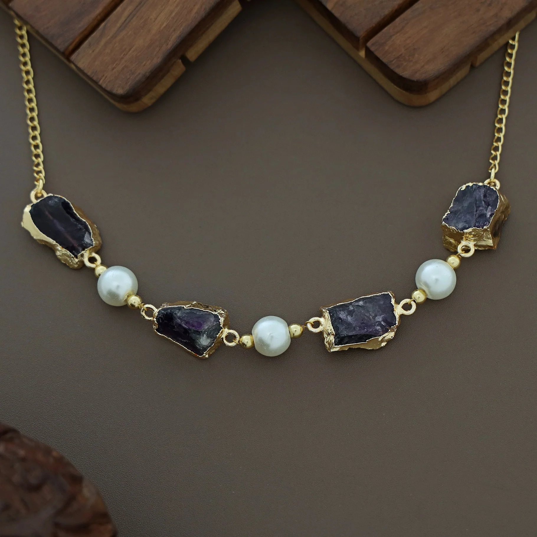 Electro Plated Raw Stone + Pearl Short Neckpiece/Choker - Image 5