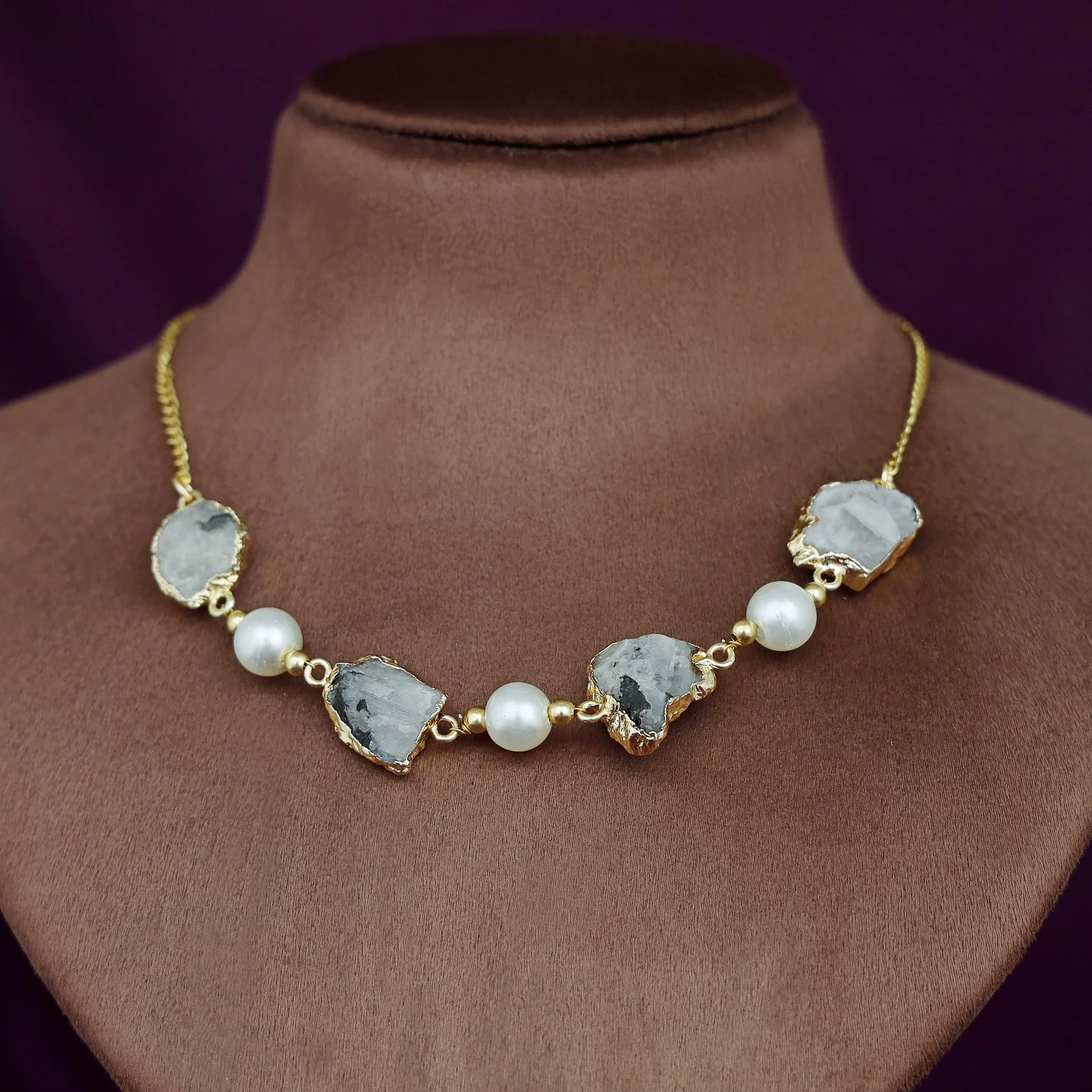 Electro Plated Raw Stone + Pearl Short Neckpiece/Choker - Image 9