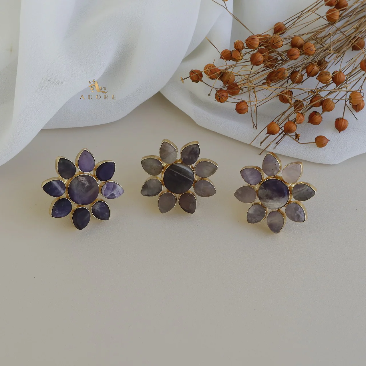 8 Petal Raw Stone Ring (Colour Option) - Image 18