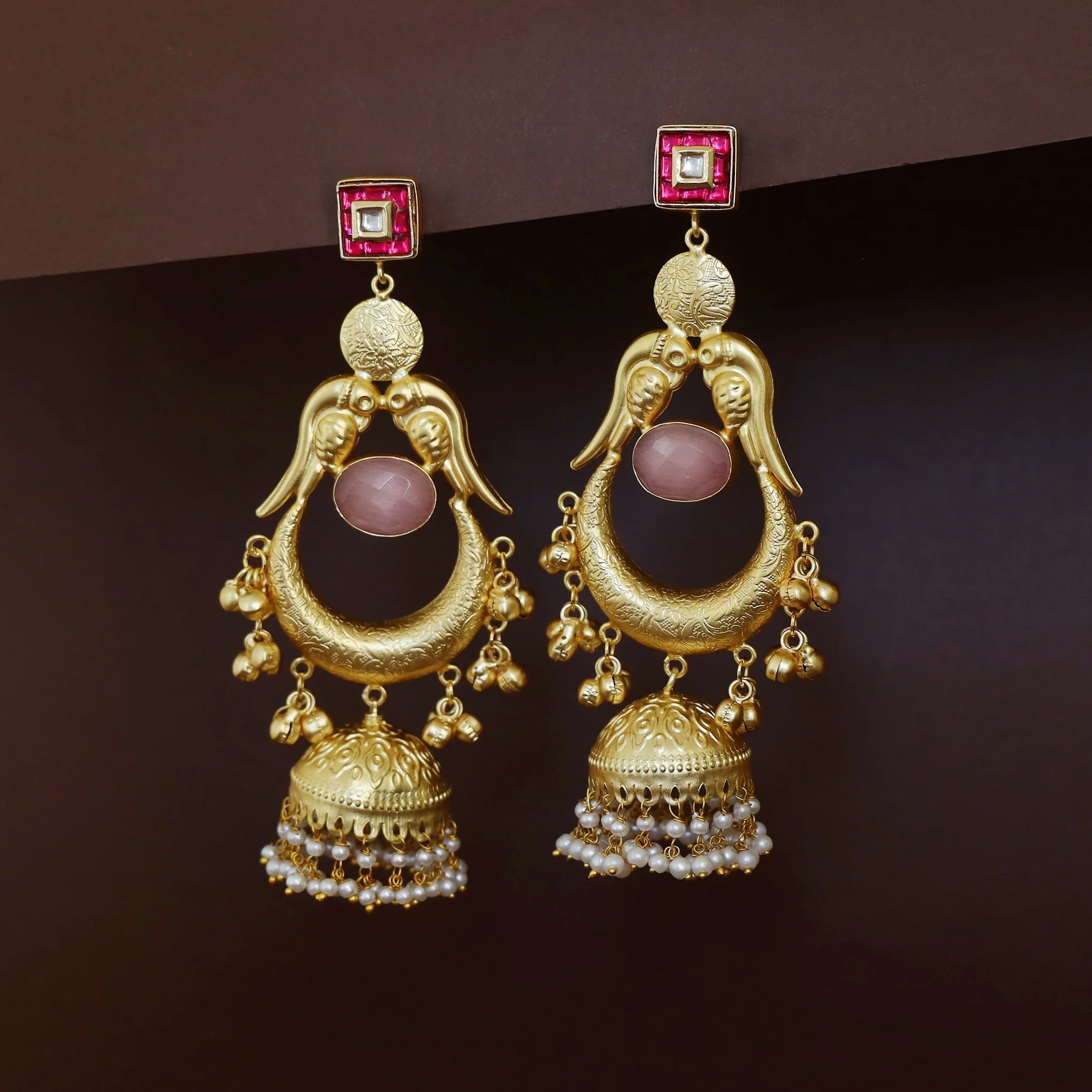 Golden Drop Kundan Pearl Hanging Jhumka Kashmiri Earring - Image 3