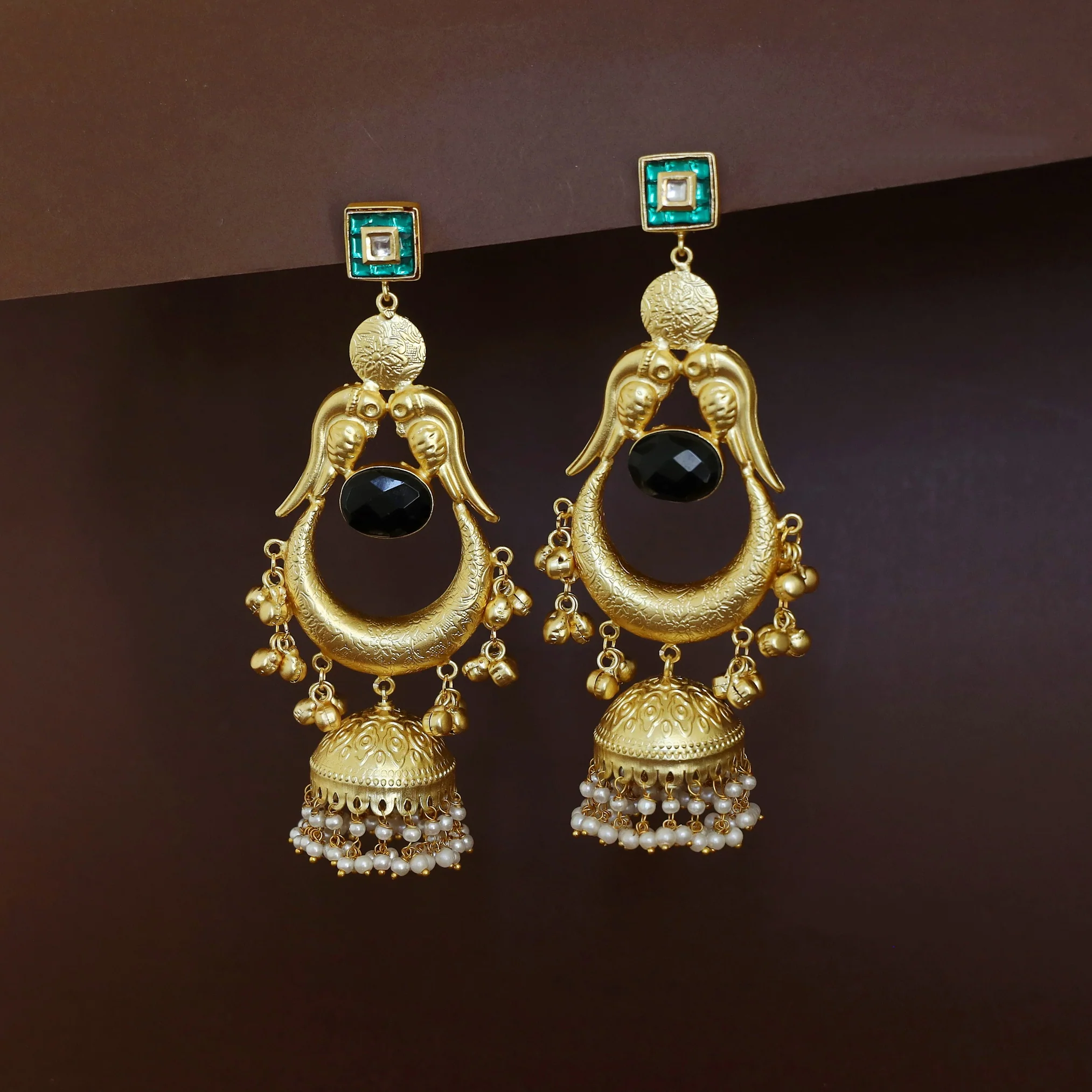 Golden Drop Kundan Pearl Hanging Jhumka Kashmiri Earring - Image 4