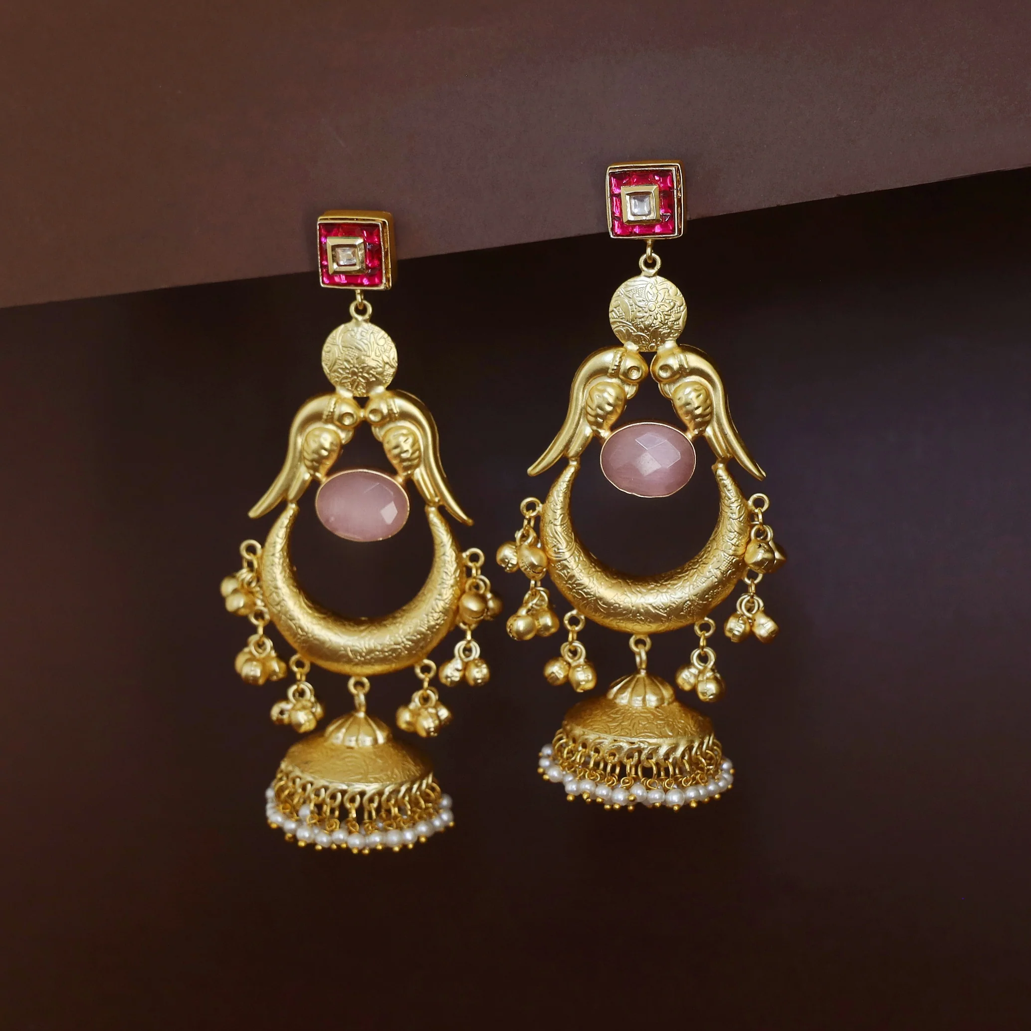 Golden Drop Kundan Pearl Hanging Jhumka Kashmiri Earring - Image 5