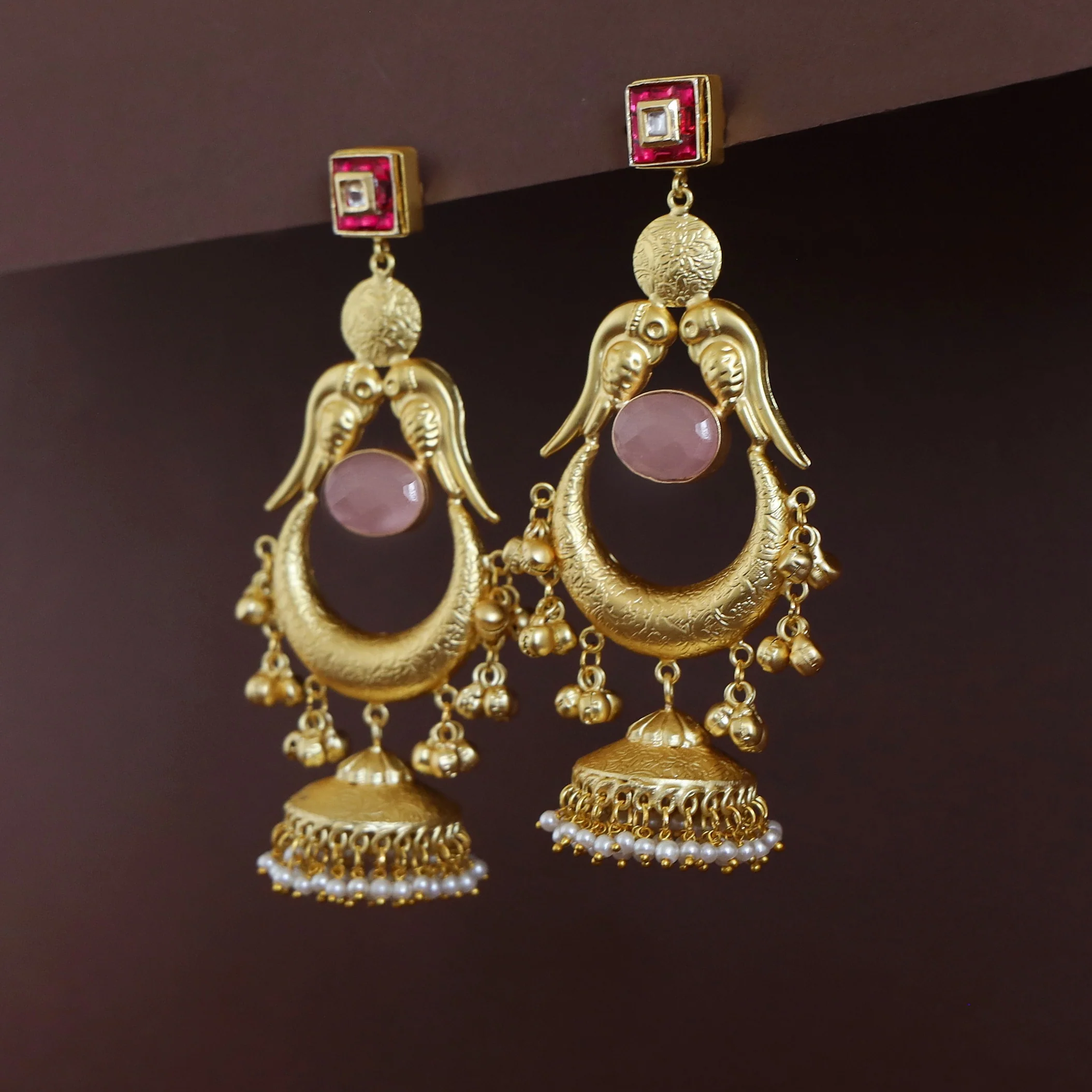 Golden Drop Kundan Pearl Hanging Jhumka Kashmiri Earring - Image 6