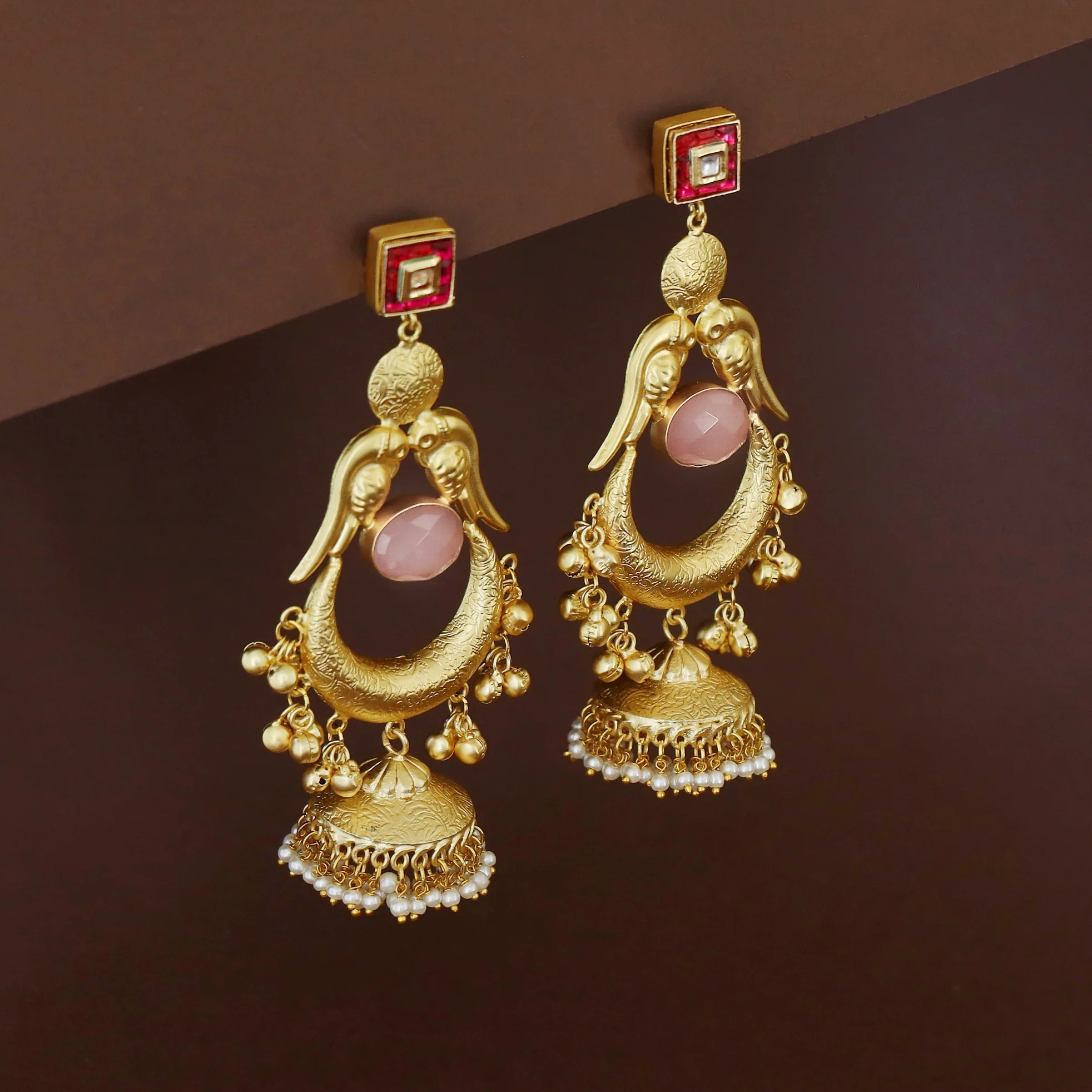 Golden Drop Kundan Pearl Hanging Jhumka Kashmiri Earring - Image 7