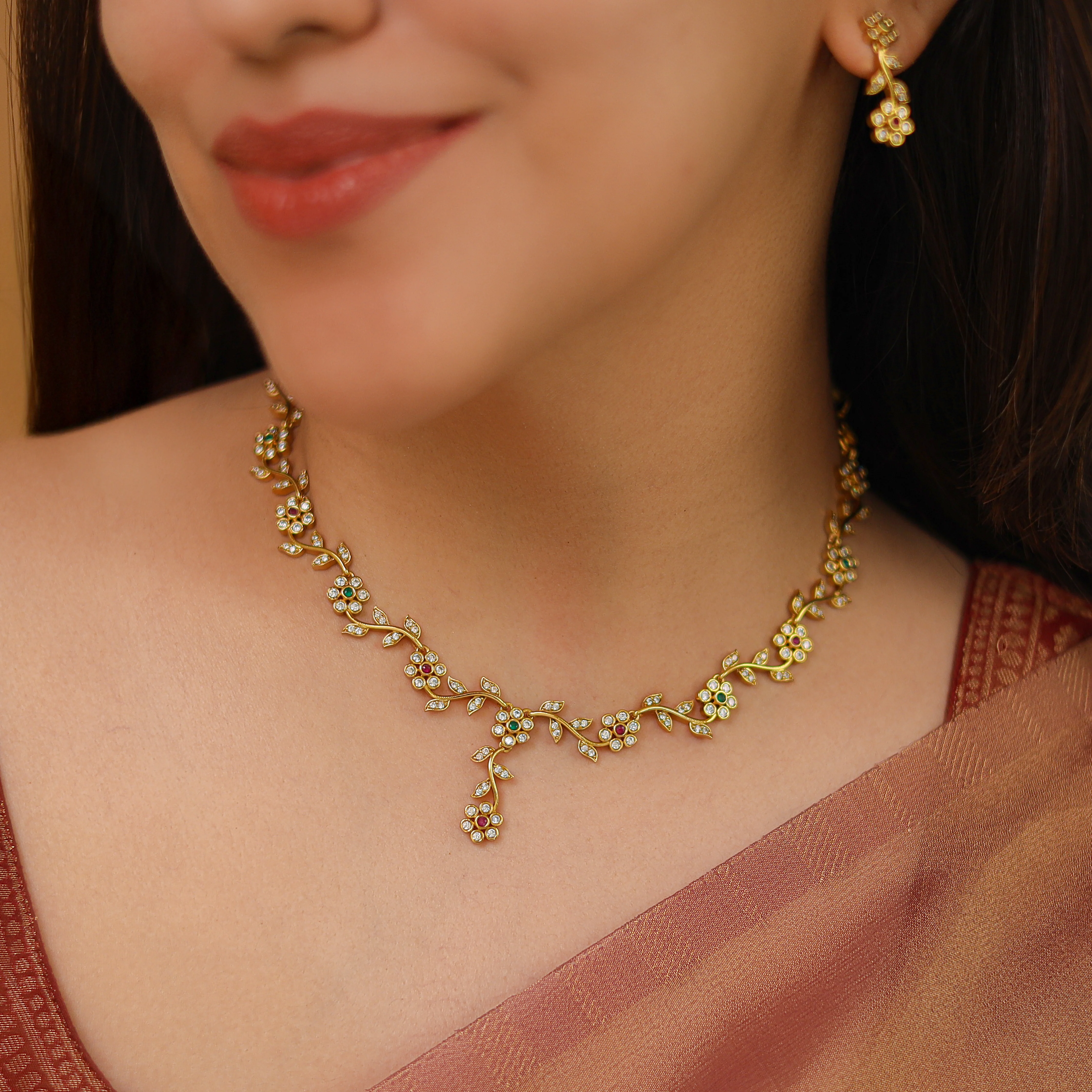 Aanchal Stone Flower & Leaf Short Neckpiece With Earring - Image 2