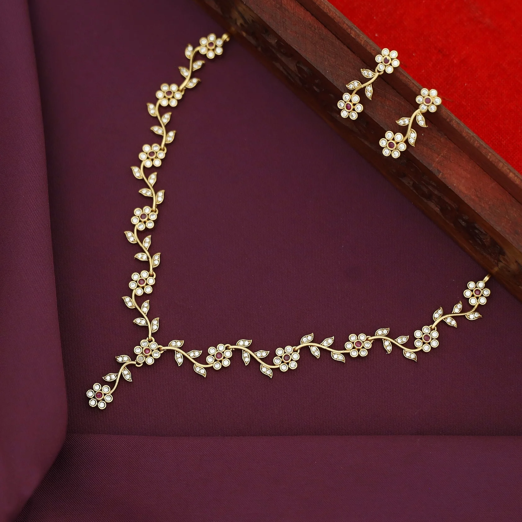 Aanchal Stone Flower & Leaf Short Neckpiece With Earring - Image 5