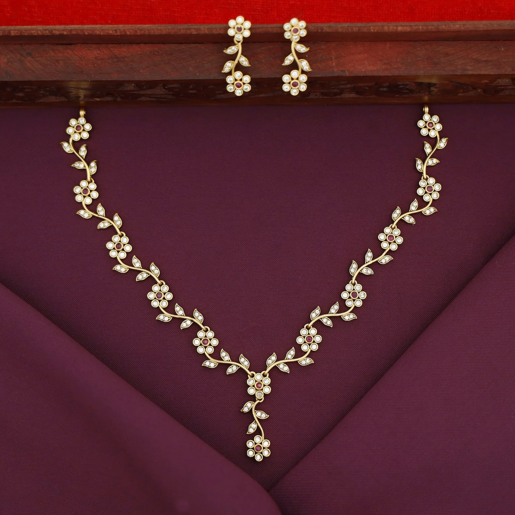 Aanchal Stone Flower & Leaf Short Neckpiece With Earring - Image 6