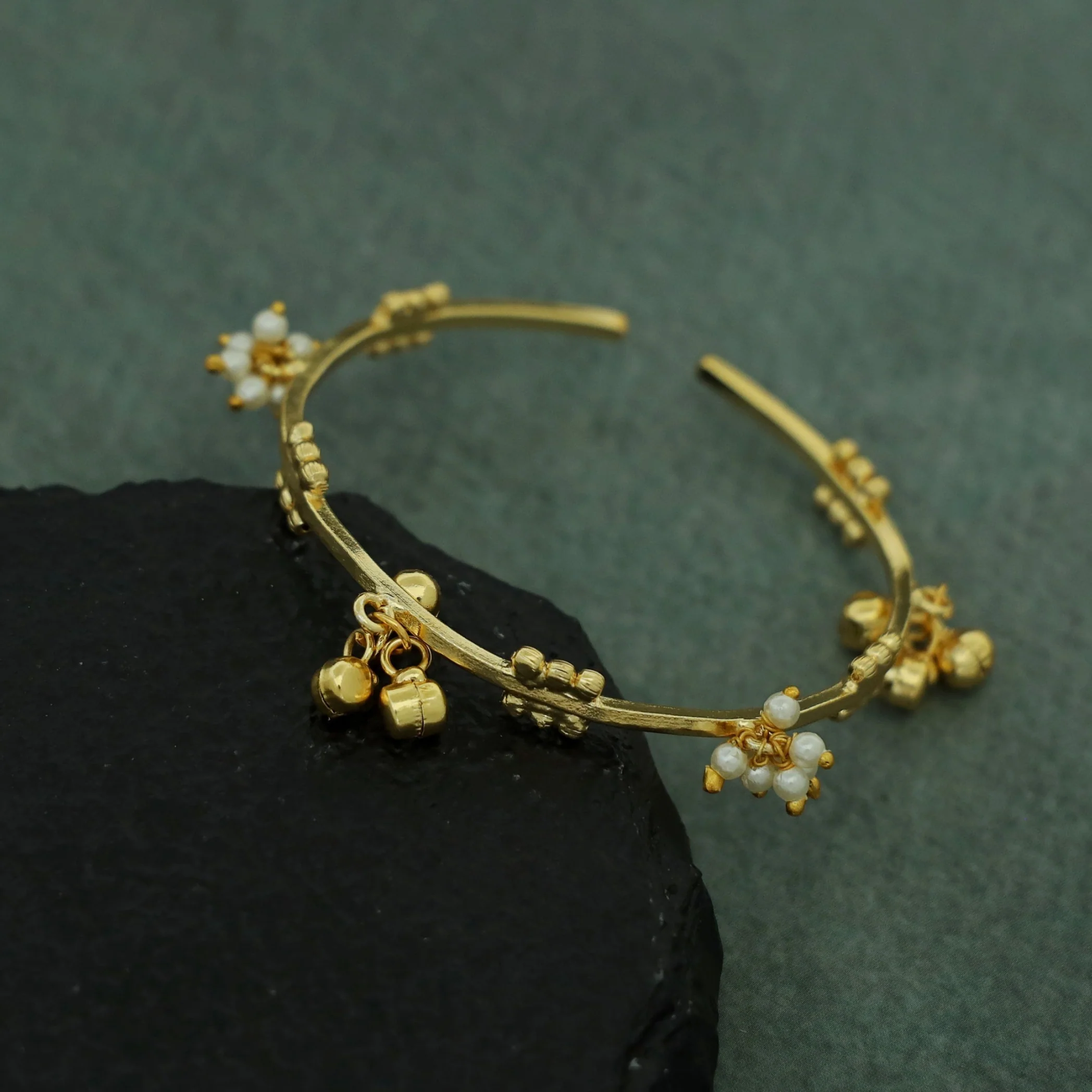 Aarushi Golden Ghungroo Cluster Pearl Bangle - Image 2