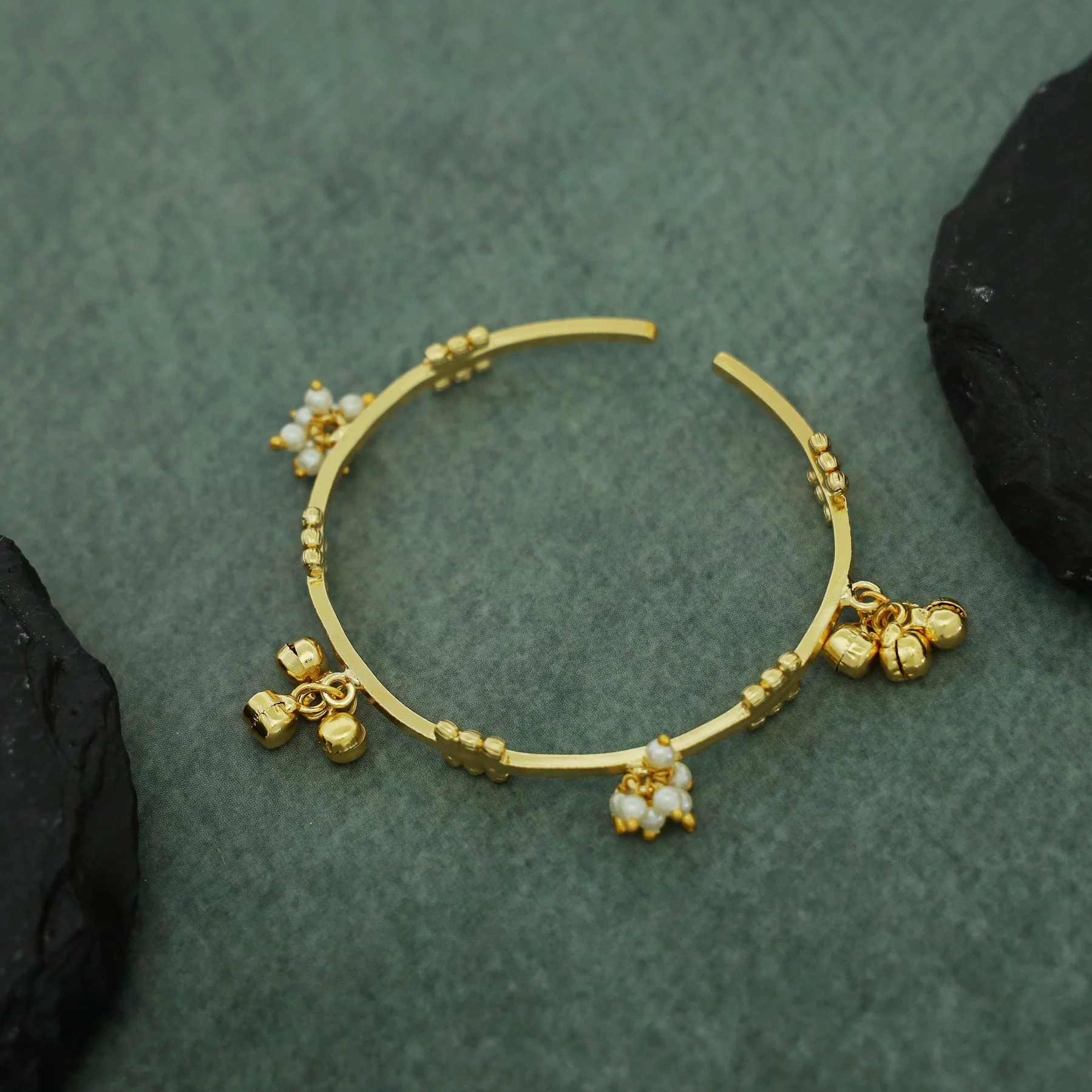 Aarushi Golden Ghungroo Cluster Pearl Bangle - Image 3