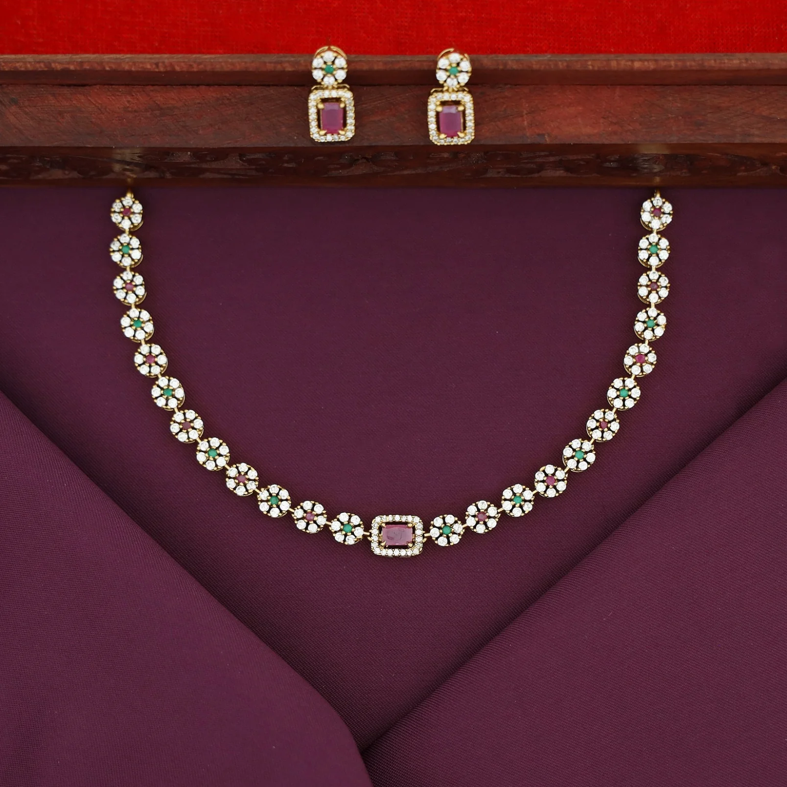Aastha Sayali Flower Rectangle Glossy Short Neckpiece With Earring - Image 2