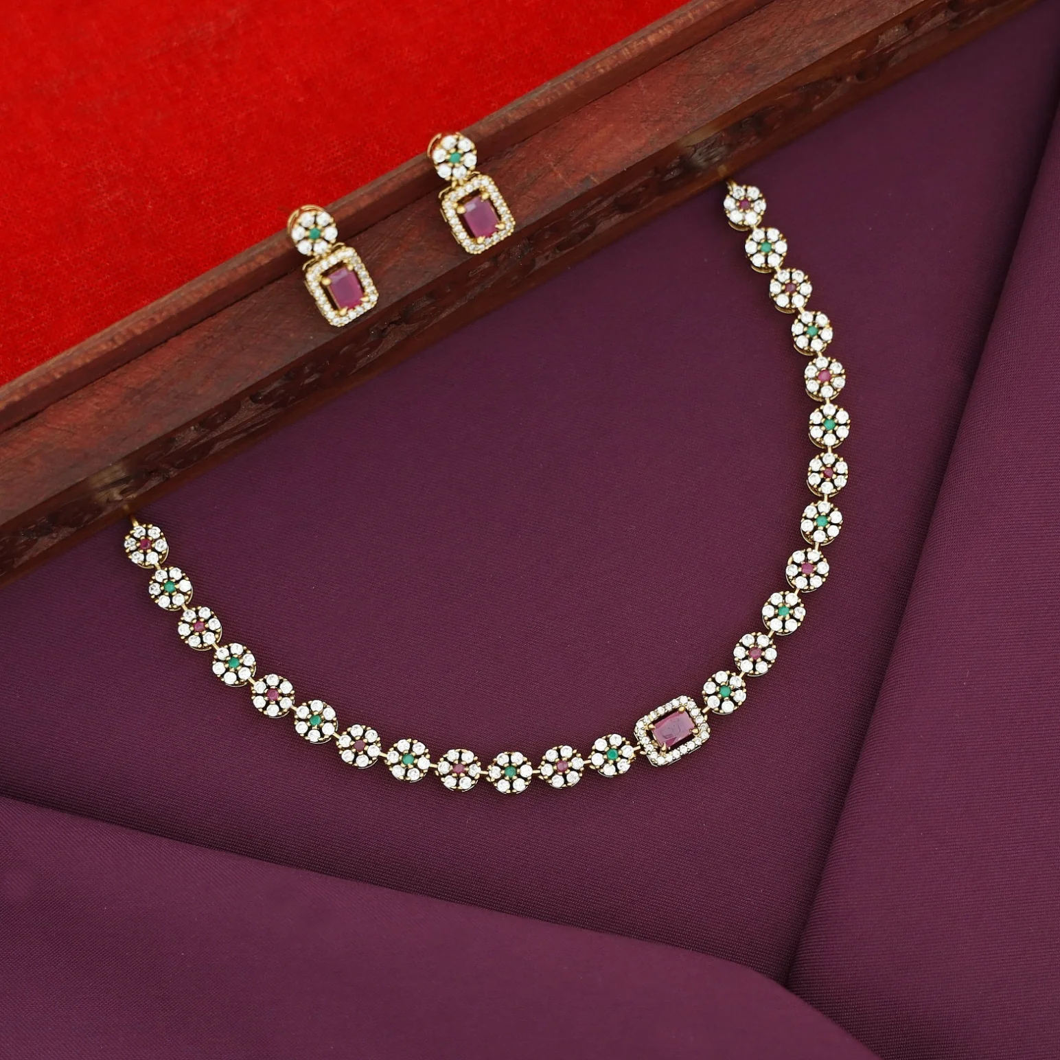 Aastha Sayali Flower Rectangle Glossy Short Neckpiece With Earring - Image 7
