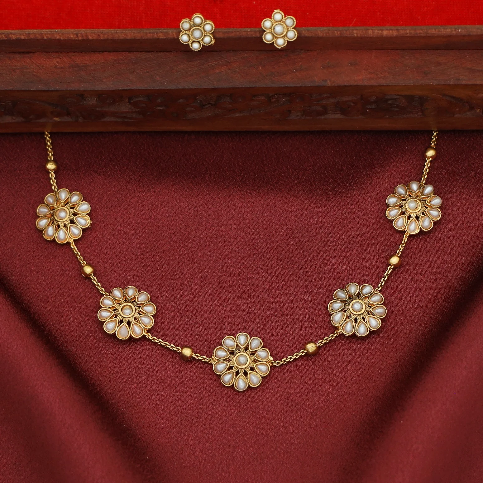 Aathmika 5 Flower Golden Ball Short Neckpiece With Earring - Image 2