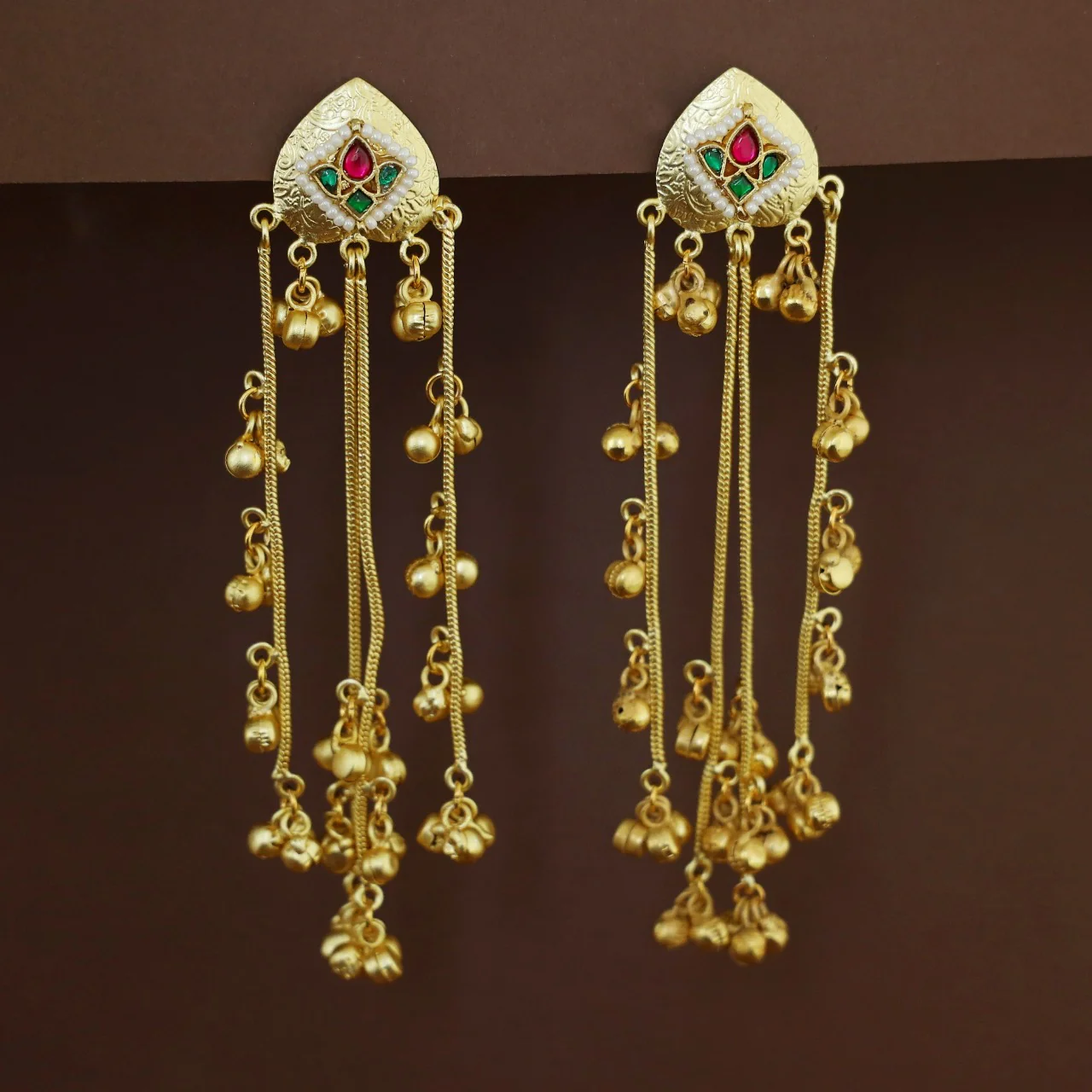 Abhranti Golden Hanging Layered Kashmiri Ghungroo Earring - Image 2