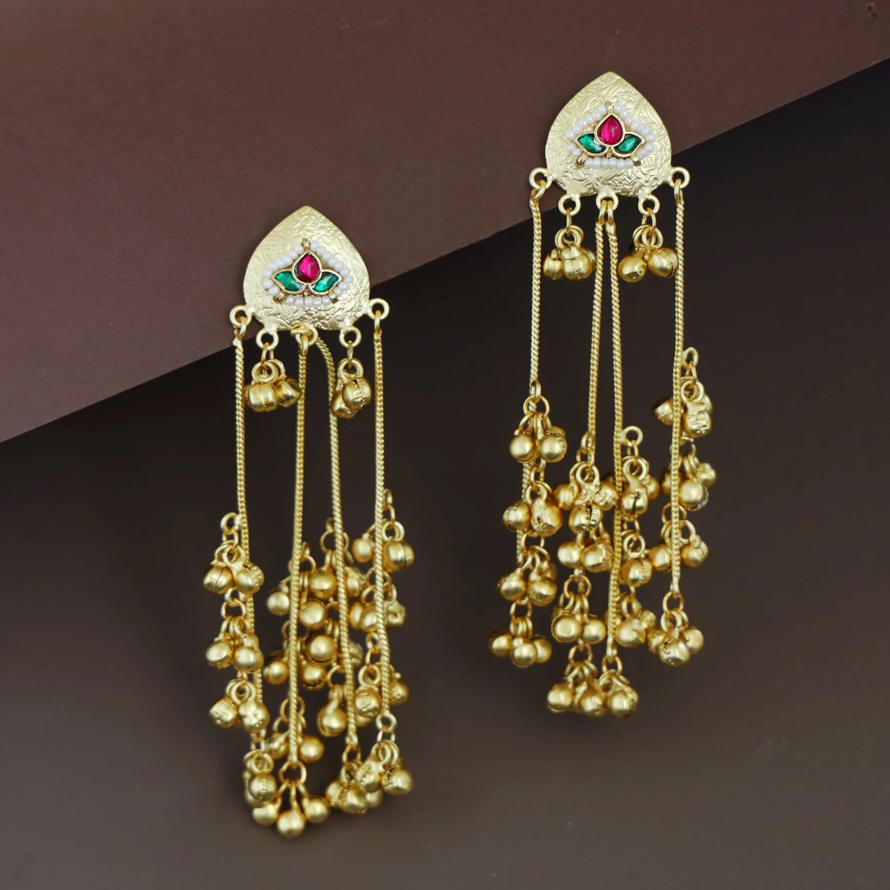 Abhranti Golden Hanging Layered Kashmiri Ghungroo Earring - Image 3