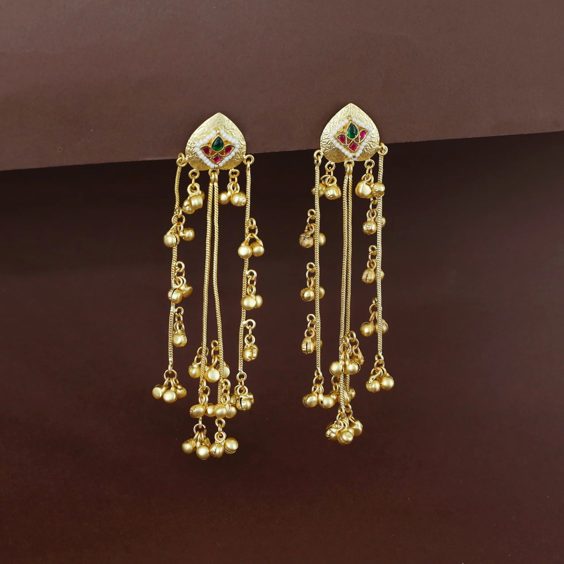 Abhranti Golden Hanging Layered Kashmiri Ghungroo Earring - Image 4