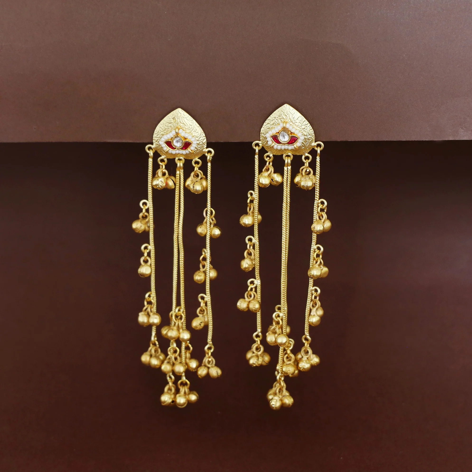 Abhranti Golden Hanging Layered Kashmiri Ghungroo Earring - Image 5