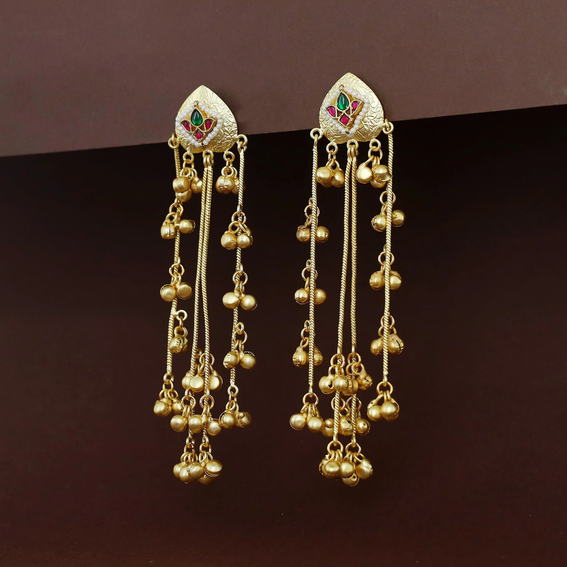 Abhranti Golden Hanging Layered Kashmiri Ghungroo Earring - Image 6