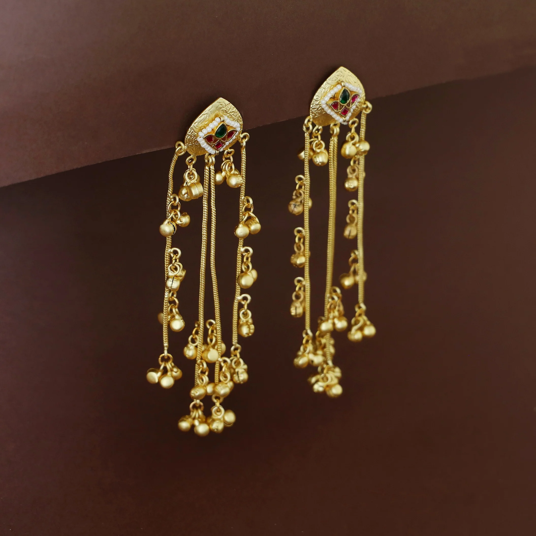 Abhranti Golden Hanging Layered Kashmiri Ghungroo Earring - Image 7