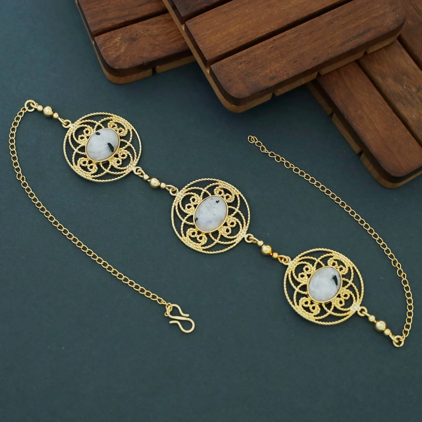 Adele Golden Flower Circle Oval Natural Stone Choker - Image 10