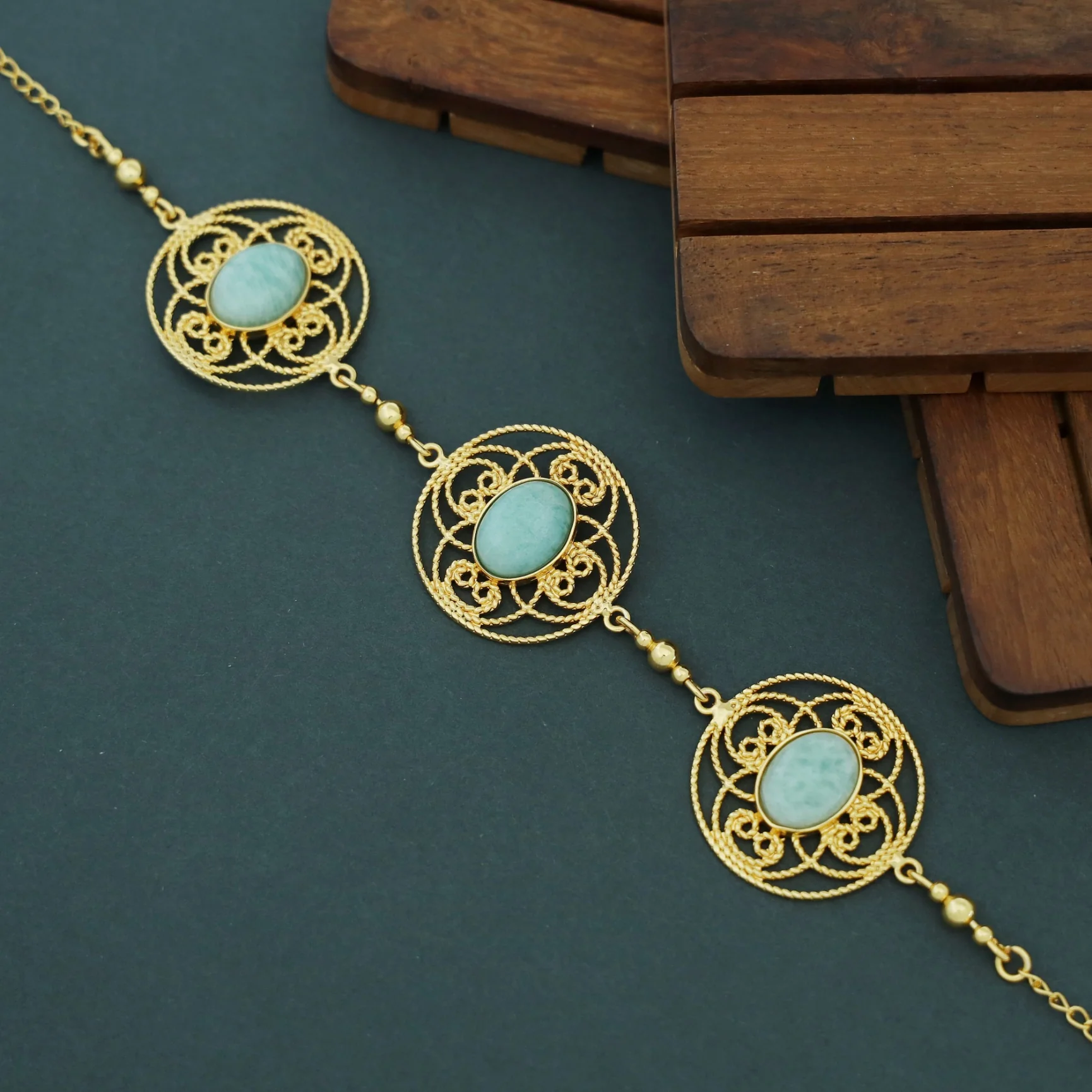 Adele Golden Flower Circle Oval Natural Stone Choker - Image 2