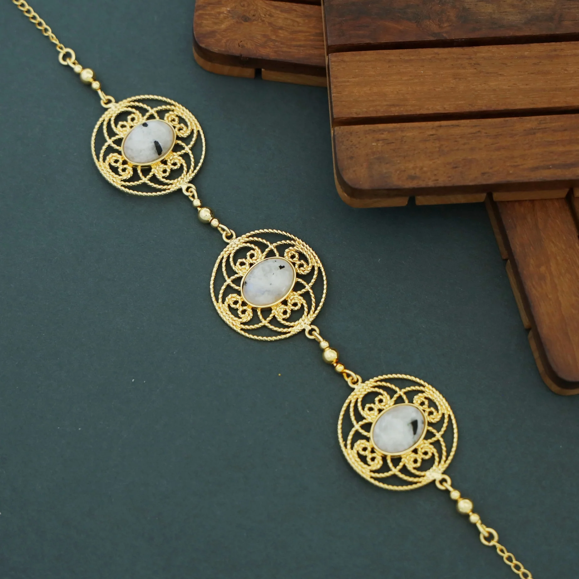 Adele Golden Flower Circle Oval Natural Stone Choker - Image 4