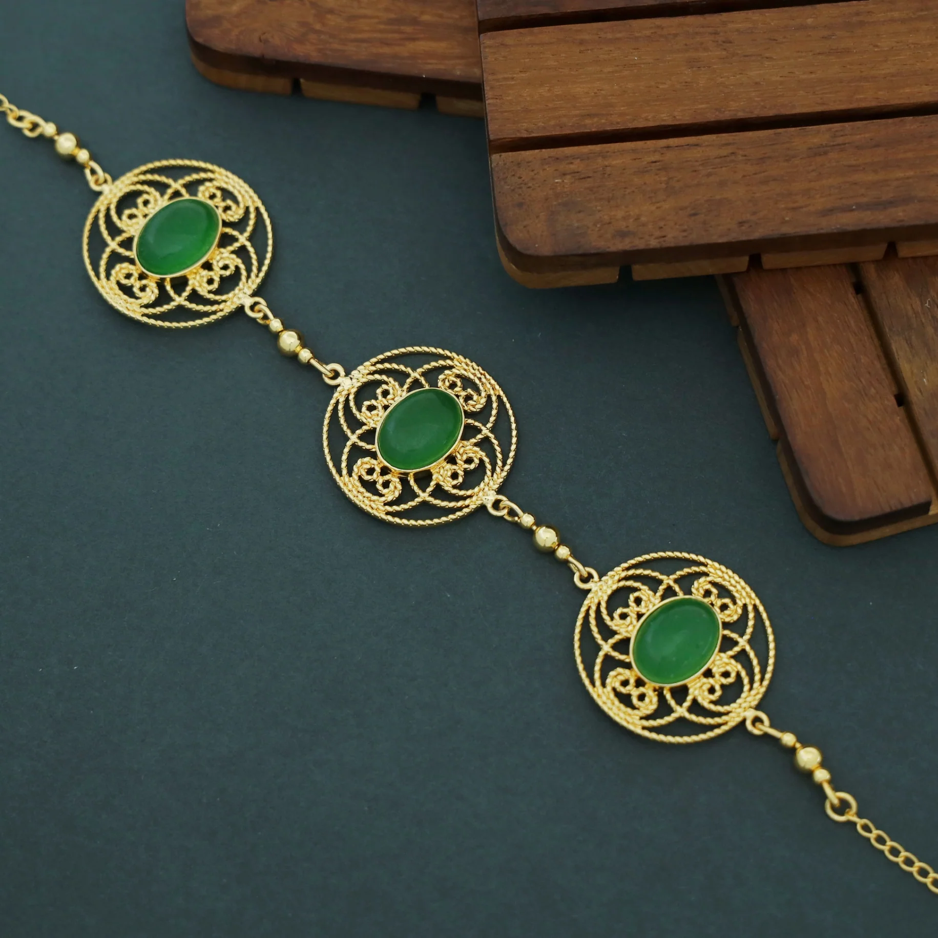 Adele Golden Flower Circle Oval Natural Stone Choker - Image 5
