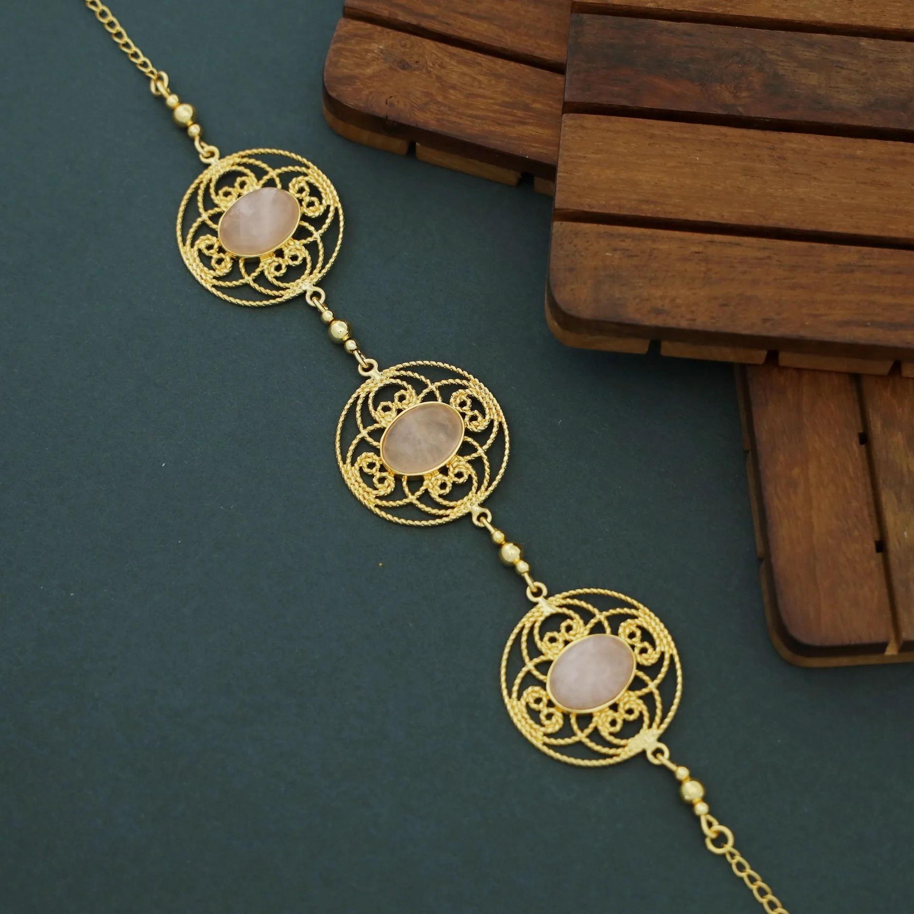 Adele Golden Flower Circle Oval Natural Stone Choker - Image 6