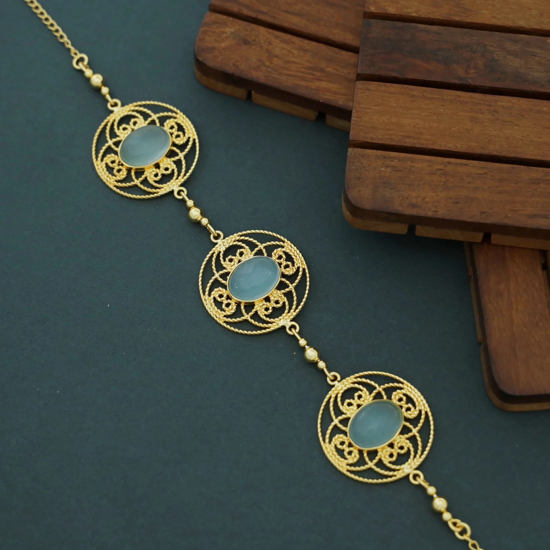 Adele Golden Flower Circle Oval Natural Stone Choker - Image 7