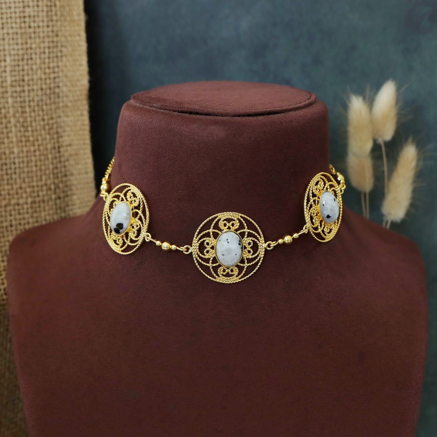 Adele Golden Flower Circle Oval Natural Stone Choker - Image 8
