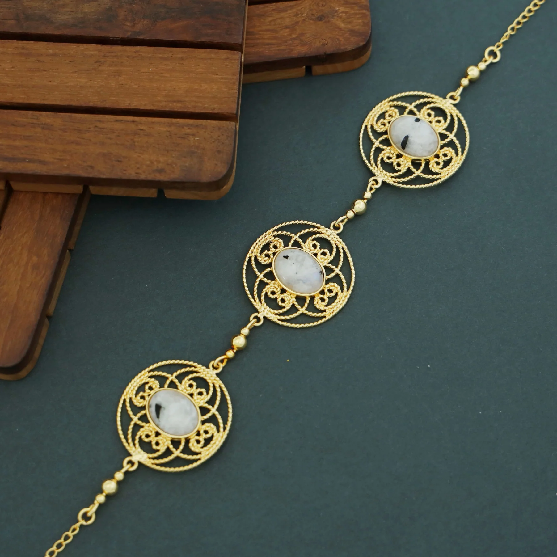 Adele Golden Flower Circle Oval Natural Stone Choker - Image 9
