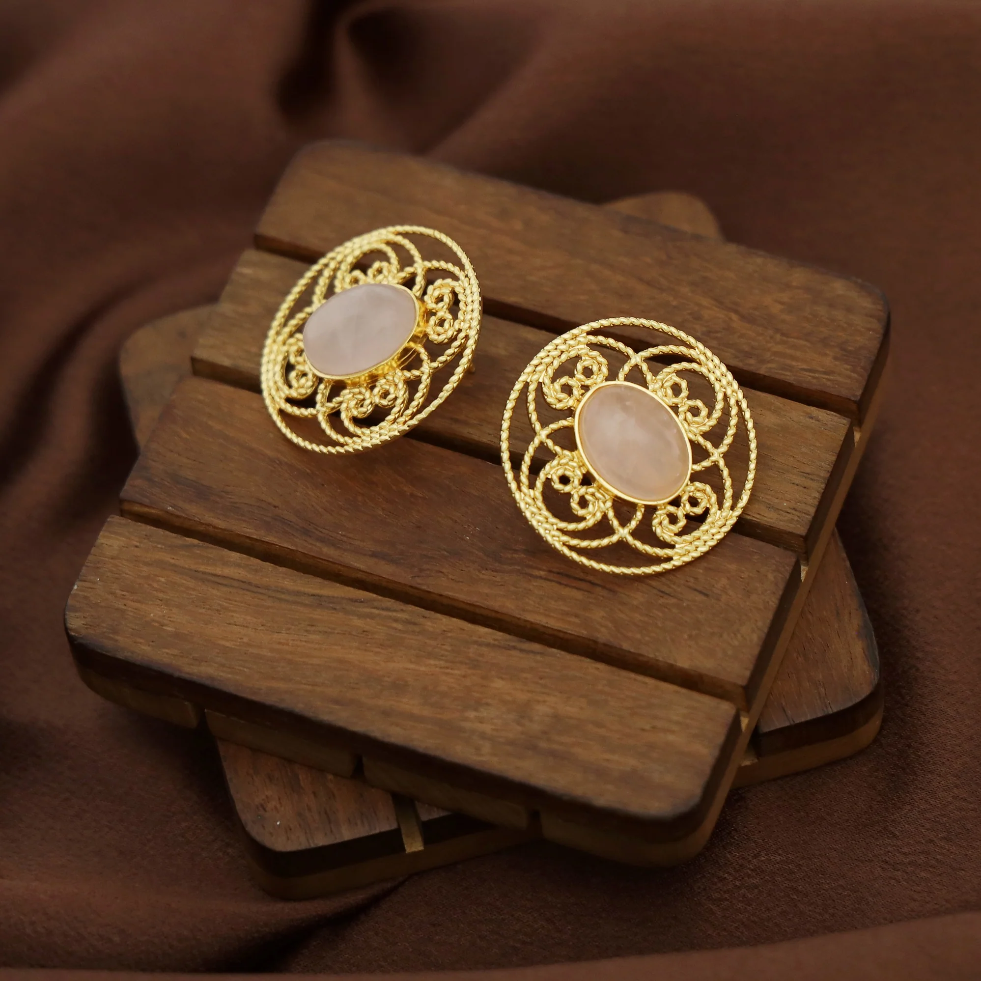 Adele Golden Flower Circle Natural Oval Stone Earring - Image 10