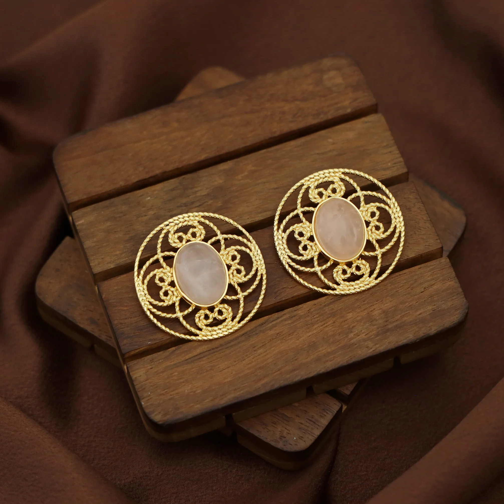 Adele Golden Flower Circle Natural Oval Stone Earring - Image 2