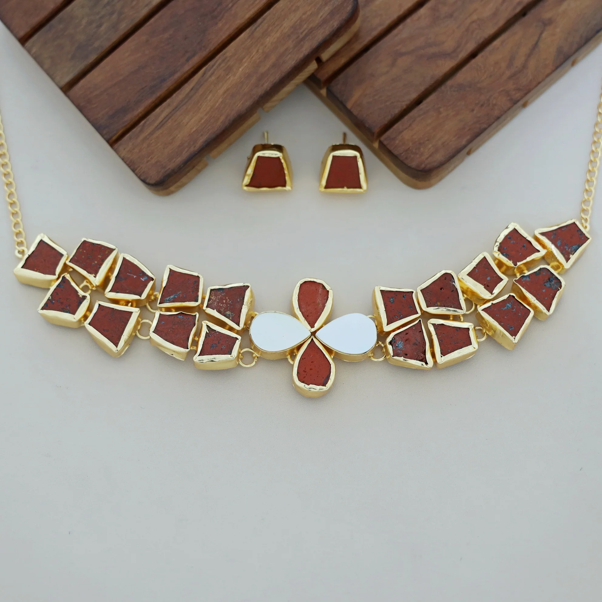 Adina 2 Layer Raw Stone + MOP Choker With Earring - Image 10