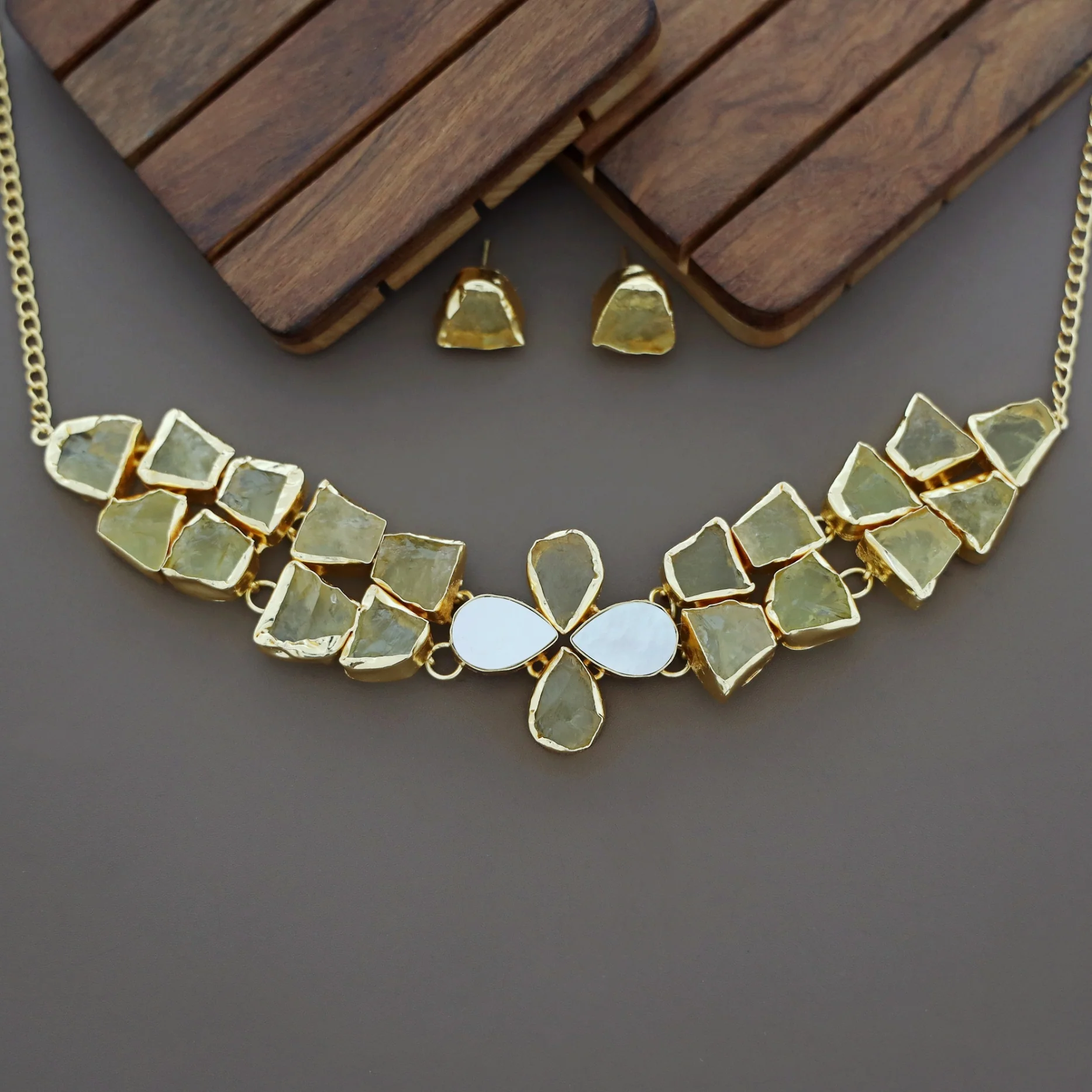 Adina 2 Layer Raw Stone + MOP Choker With Earring - Image 11