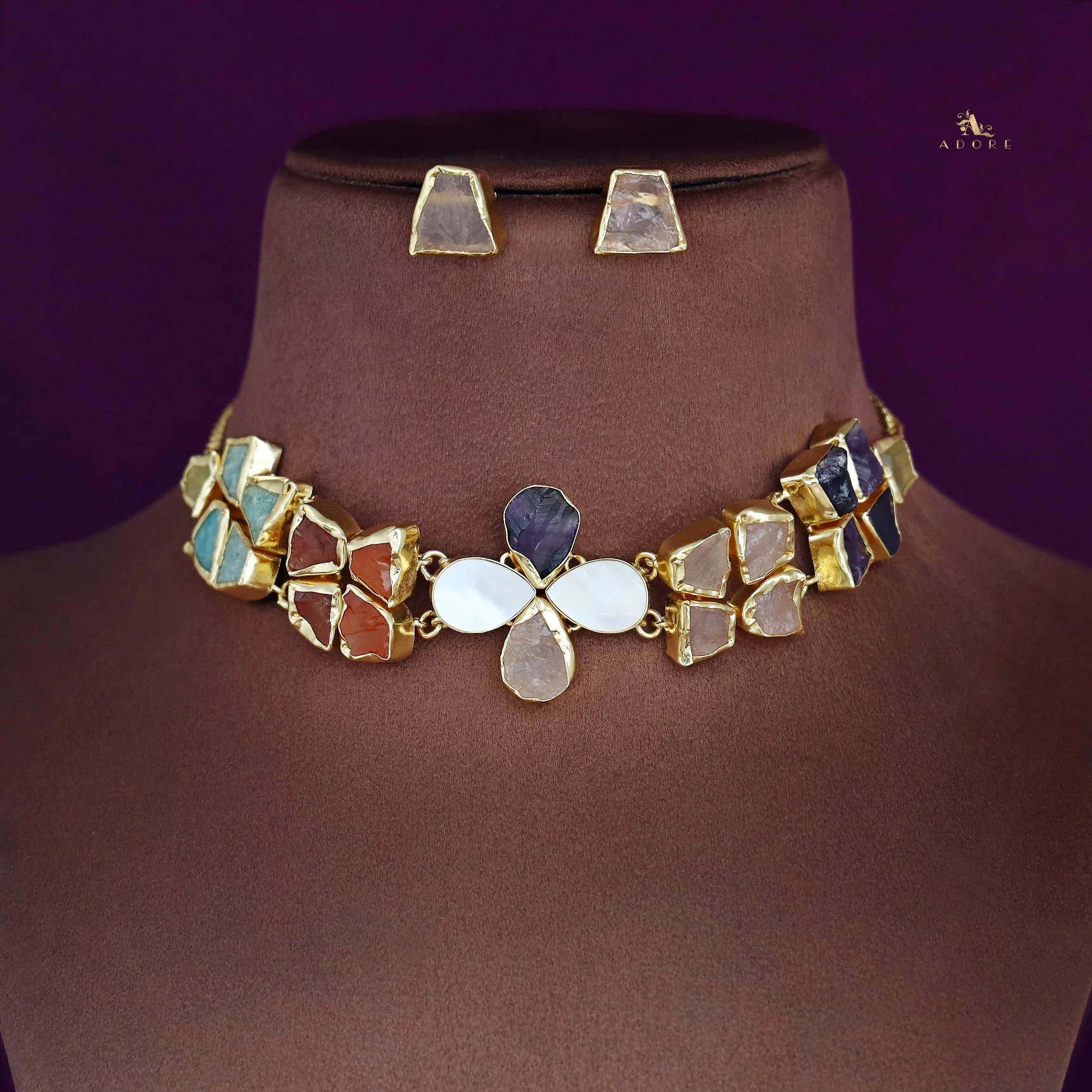 Adina 2 Layer Raw Stone + MOP Choker With Earring - Image 12