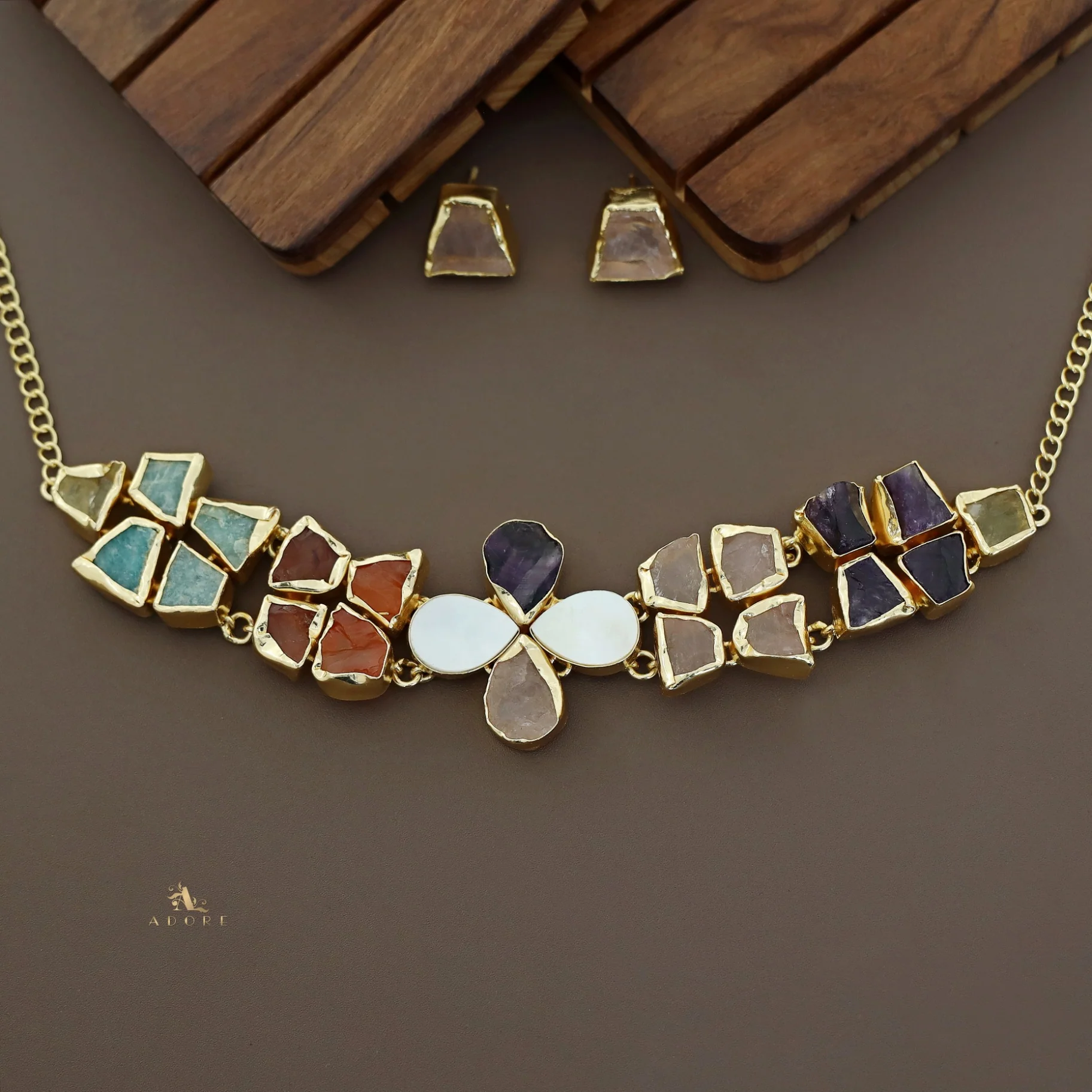 Adina 2 Layer Raw Stone + MOP Choker With Earring - Image 13