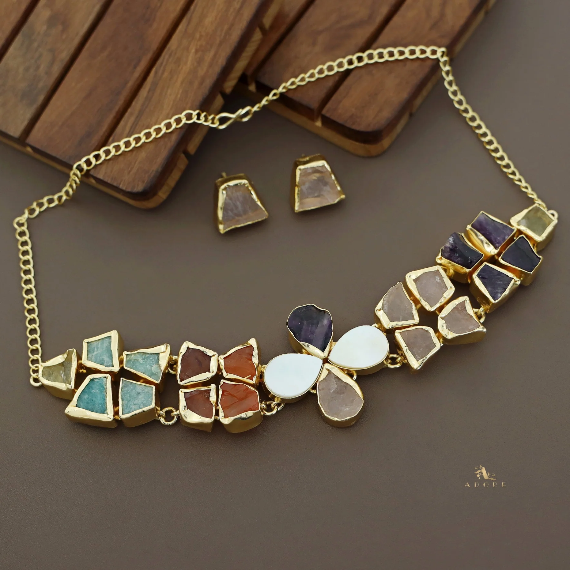 Adina 2 Layer Raw Stone + MOP Choker With Earring - Image 14