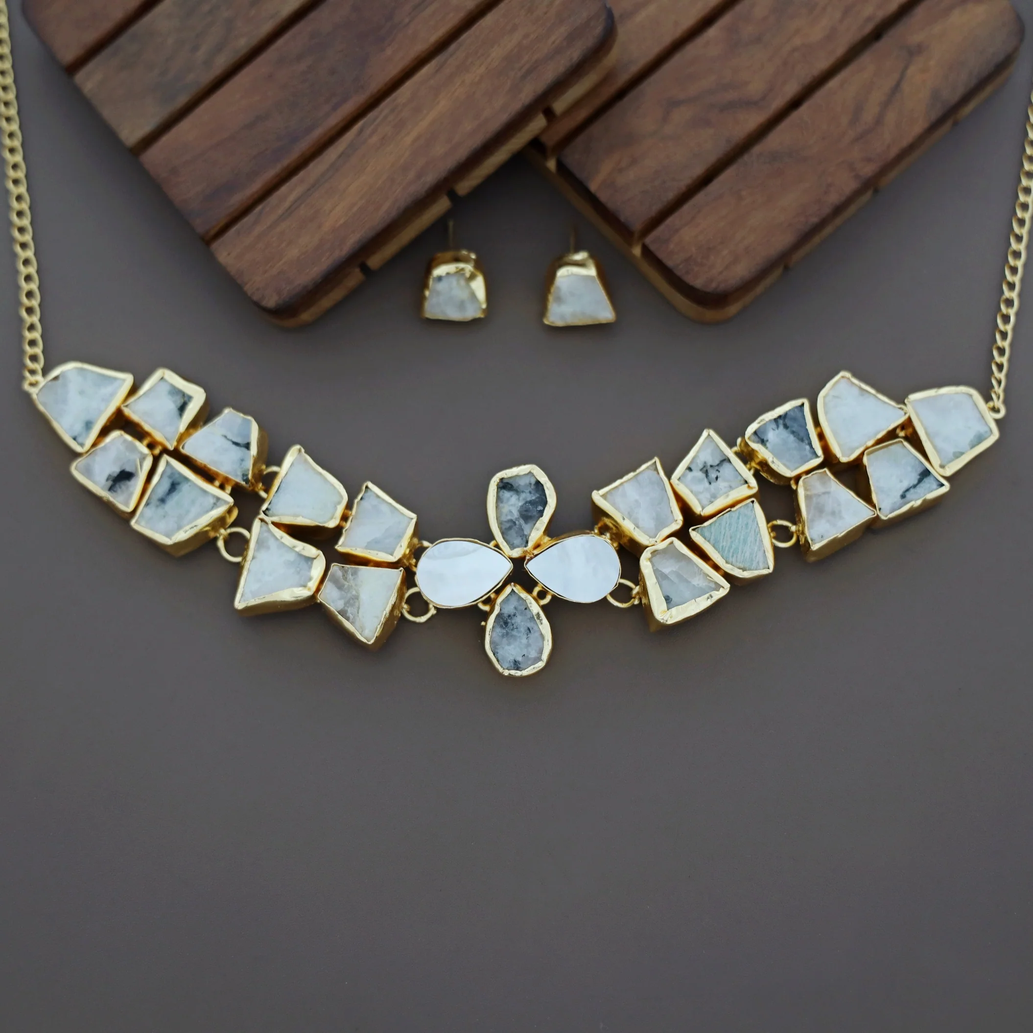 Adina 2 Layer Raw Stone + MOP Choker With Earring - Image 16