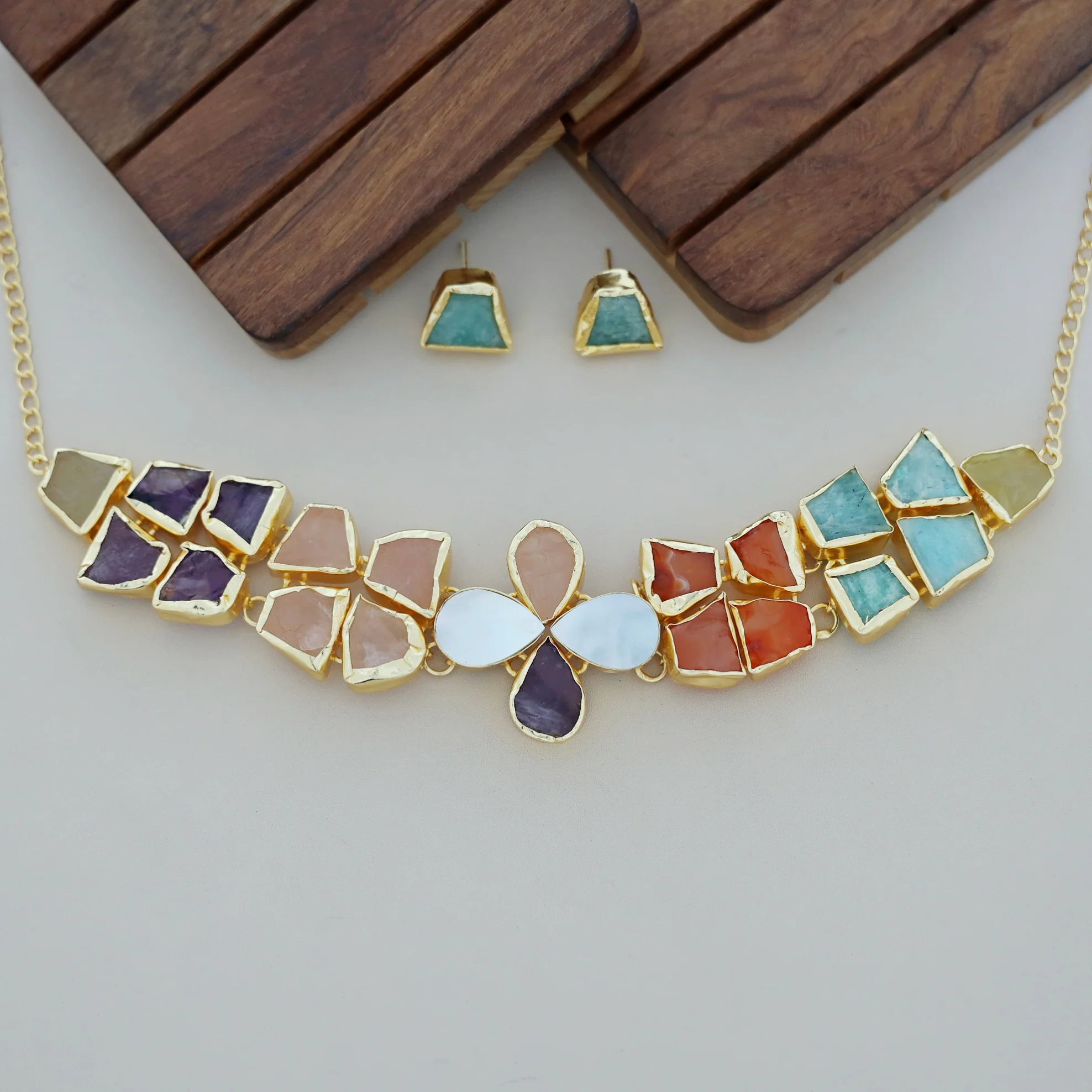 Adina 2 Layer Raw Stone + MOP Choker With Earring - Image 17