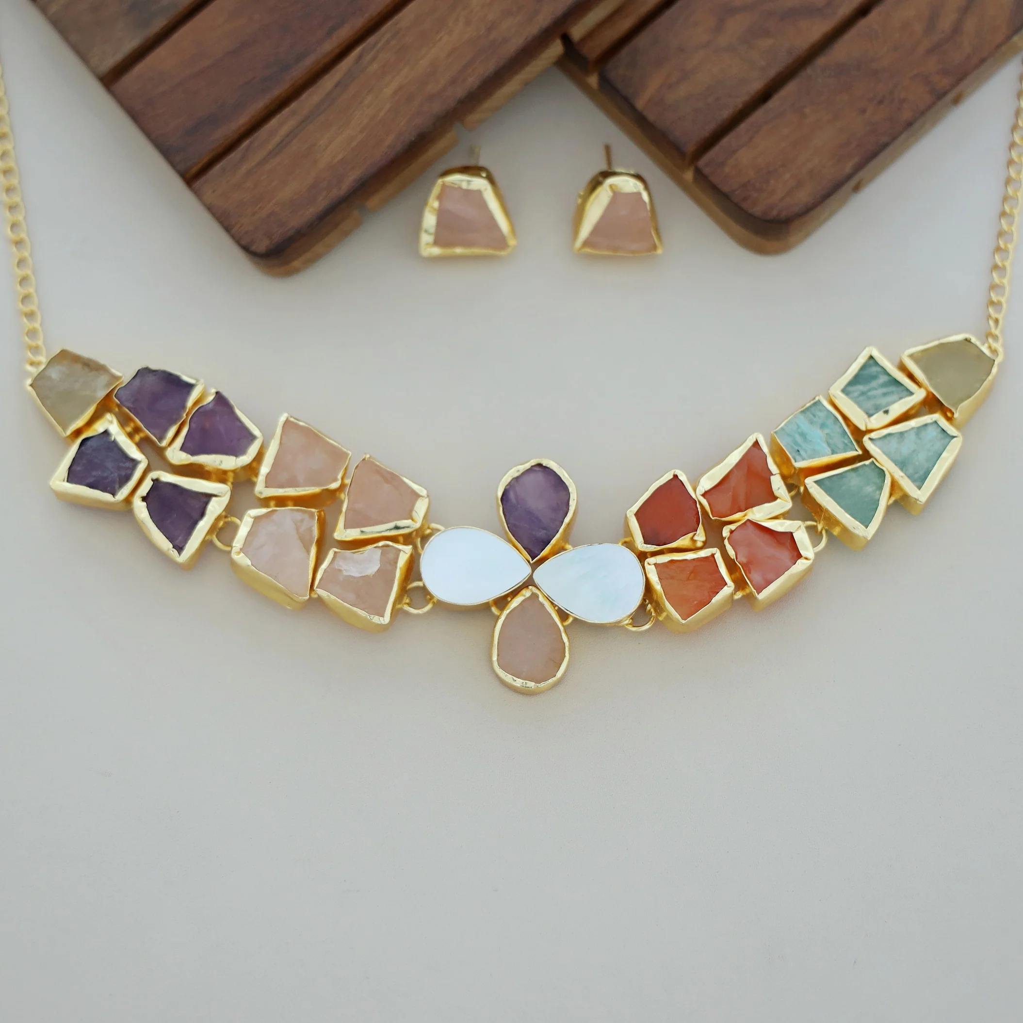 Adina 2 Layer Raw Stone + MOP Choker With Earring - Image 3
