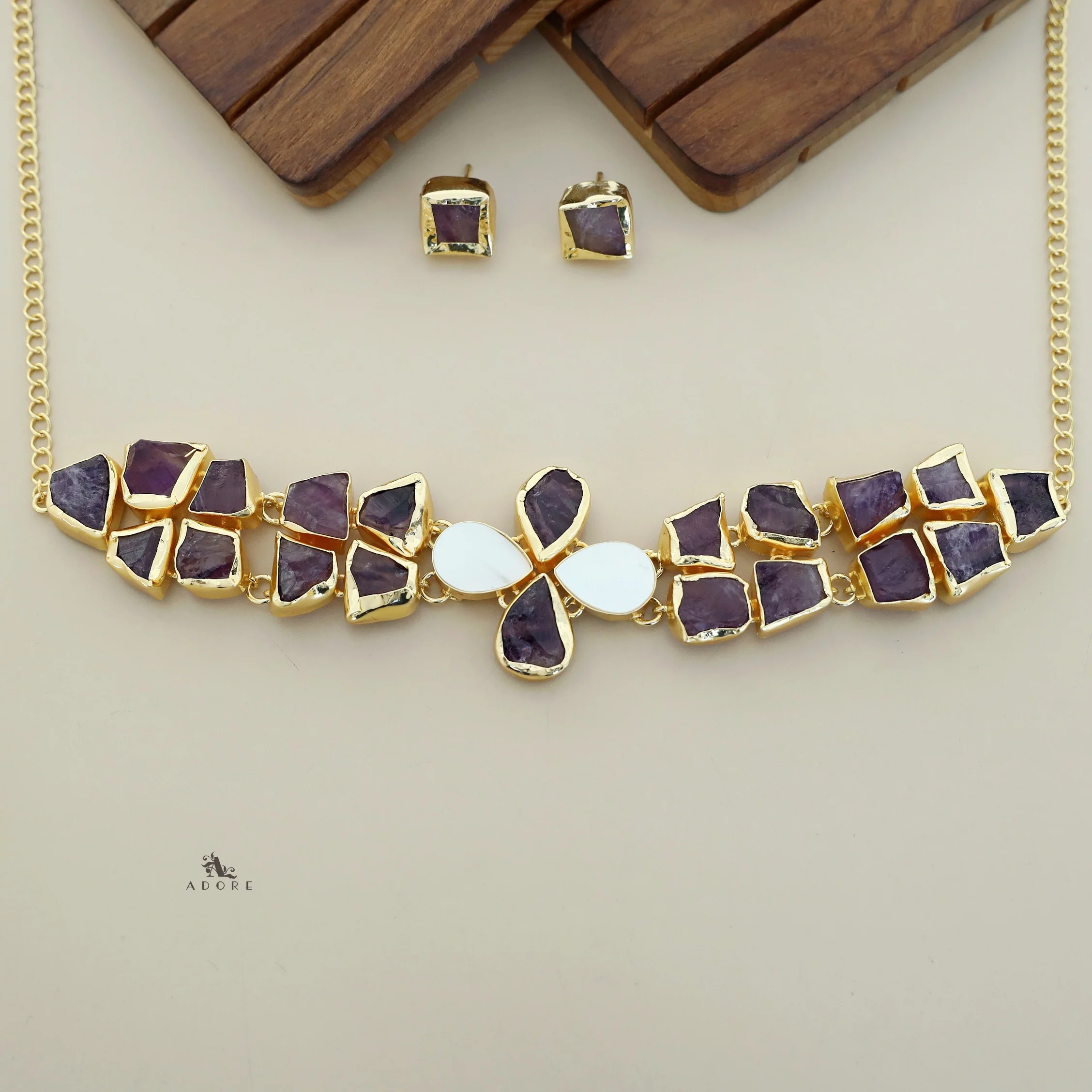 Adina 2 Layer Raw Stone + MOP Choker With Earring - Image 4