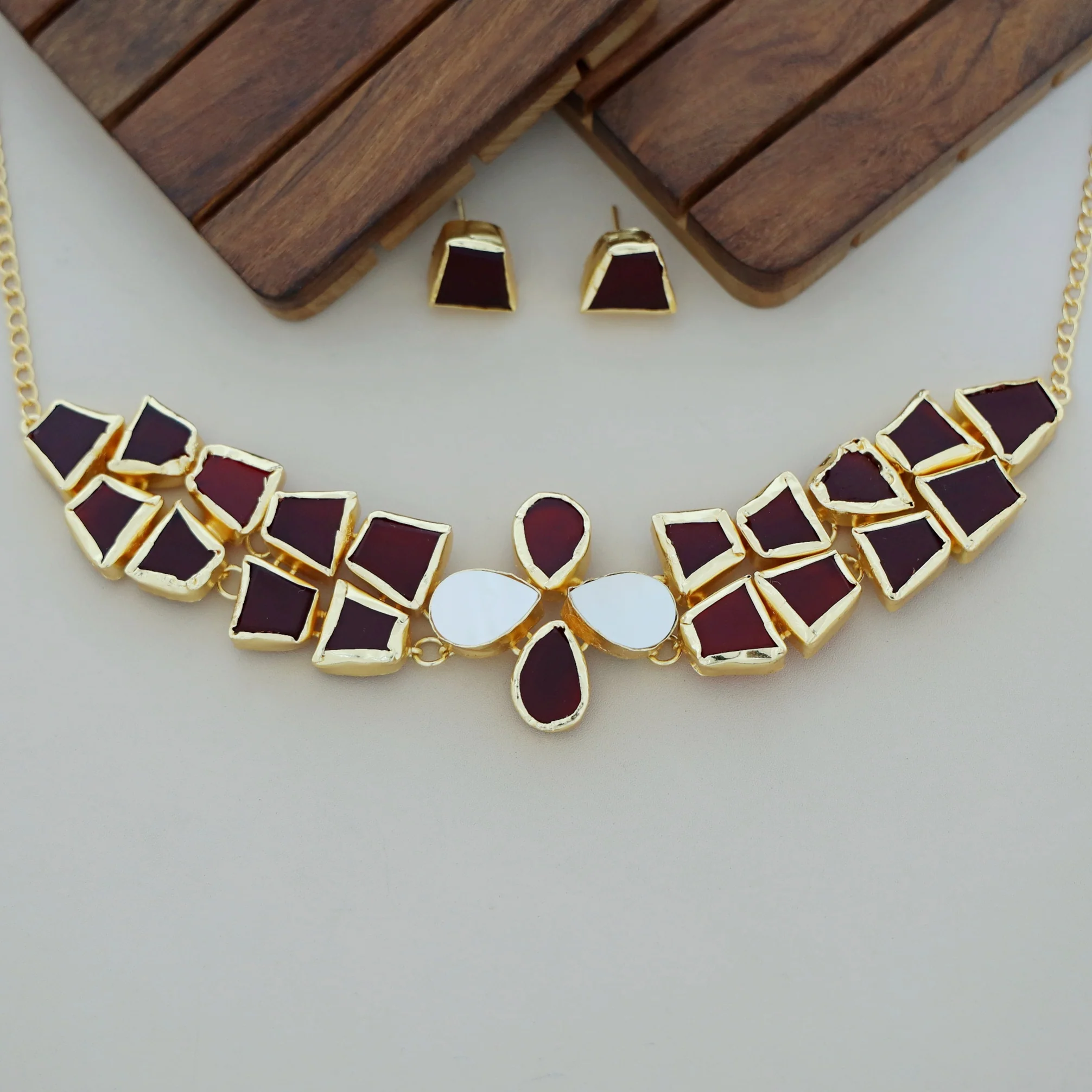 Adina 2 Layer Raw Stone + MOP Choker With Earring - Image 5