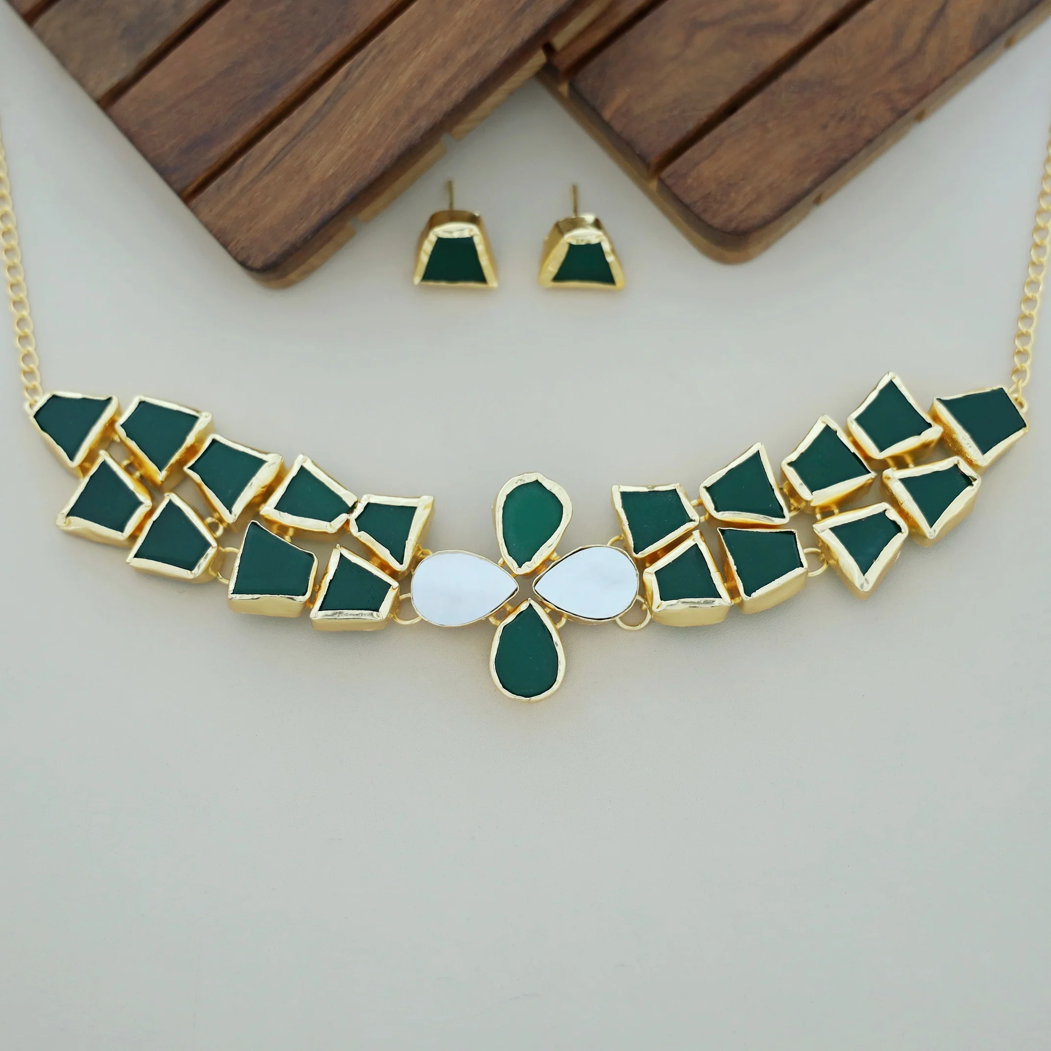 Adina 2 Layer Raw Stone + MOP Choker With Earring - Image 6
