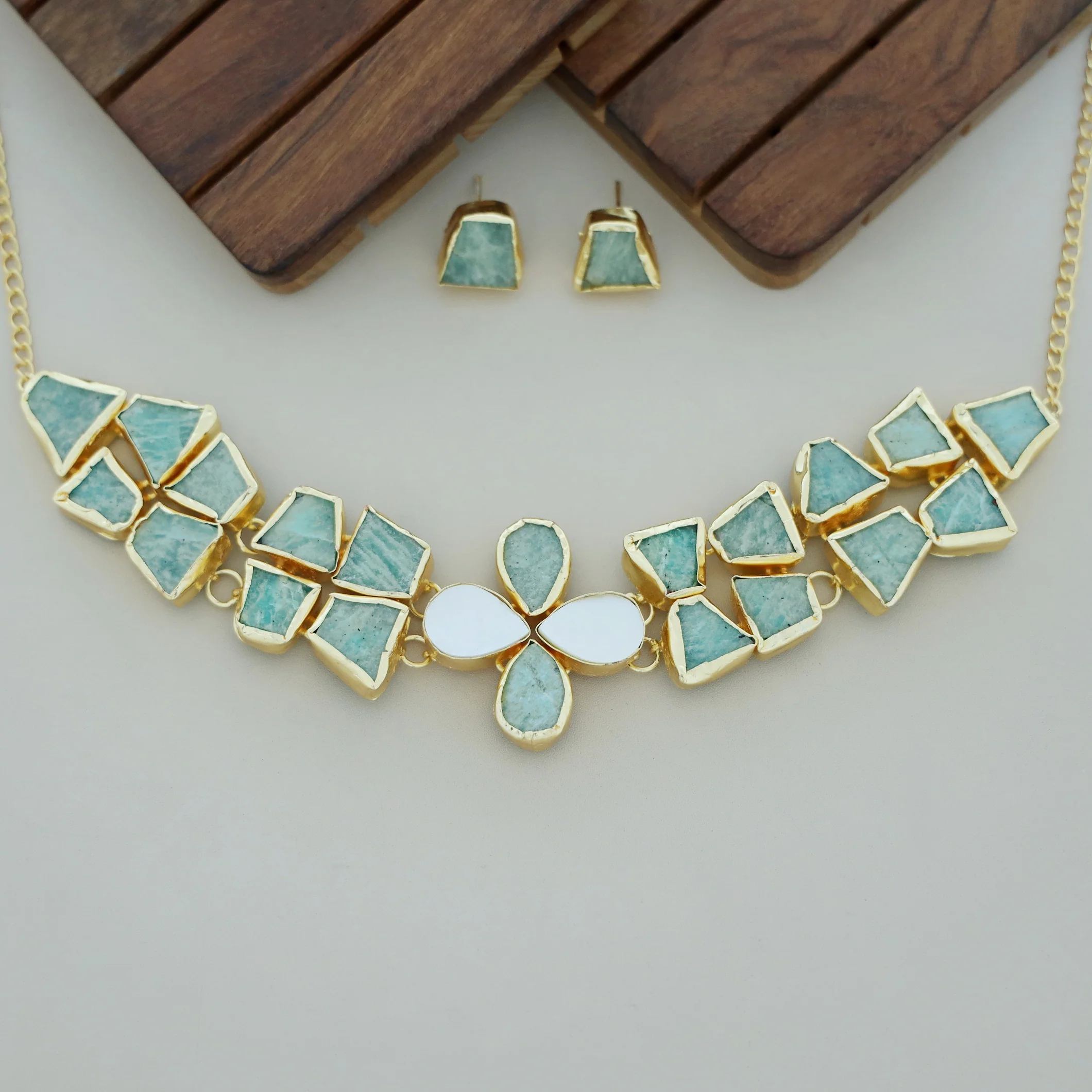 Adina 2 Layer Raw Stone + MOP Choker With Earring - Image 7