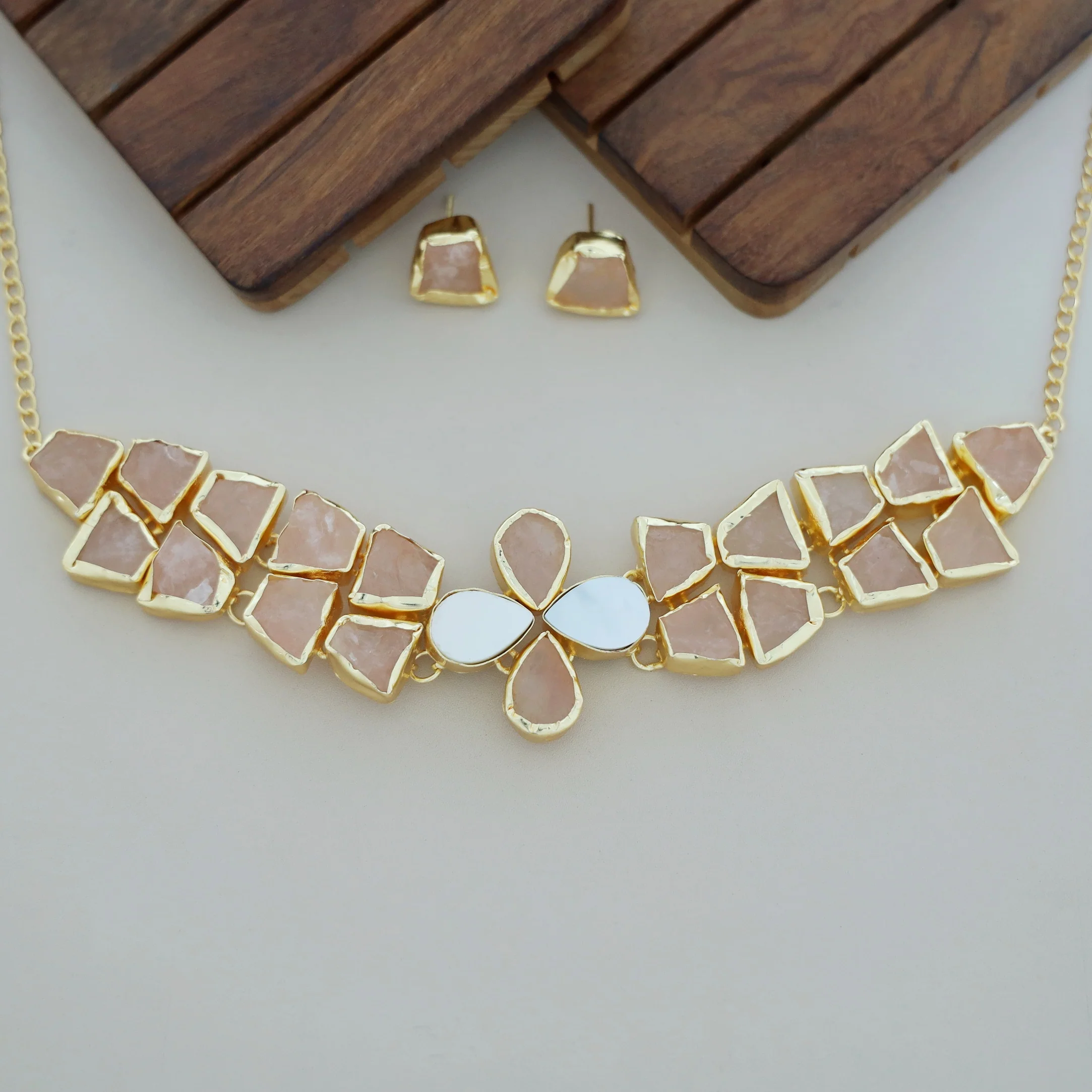 Adina 2 Layer Raw Stone + MOP Choker With Earring - Image 8