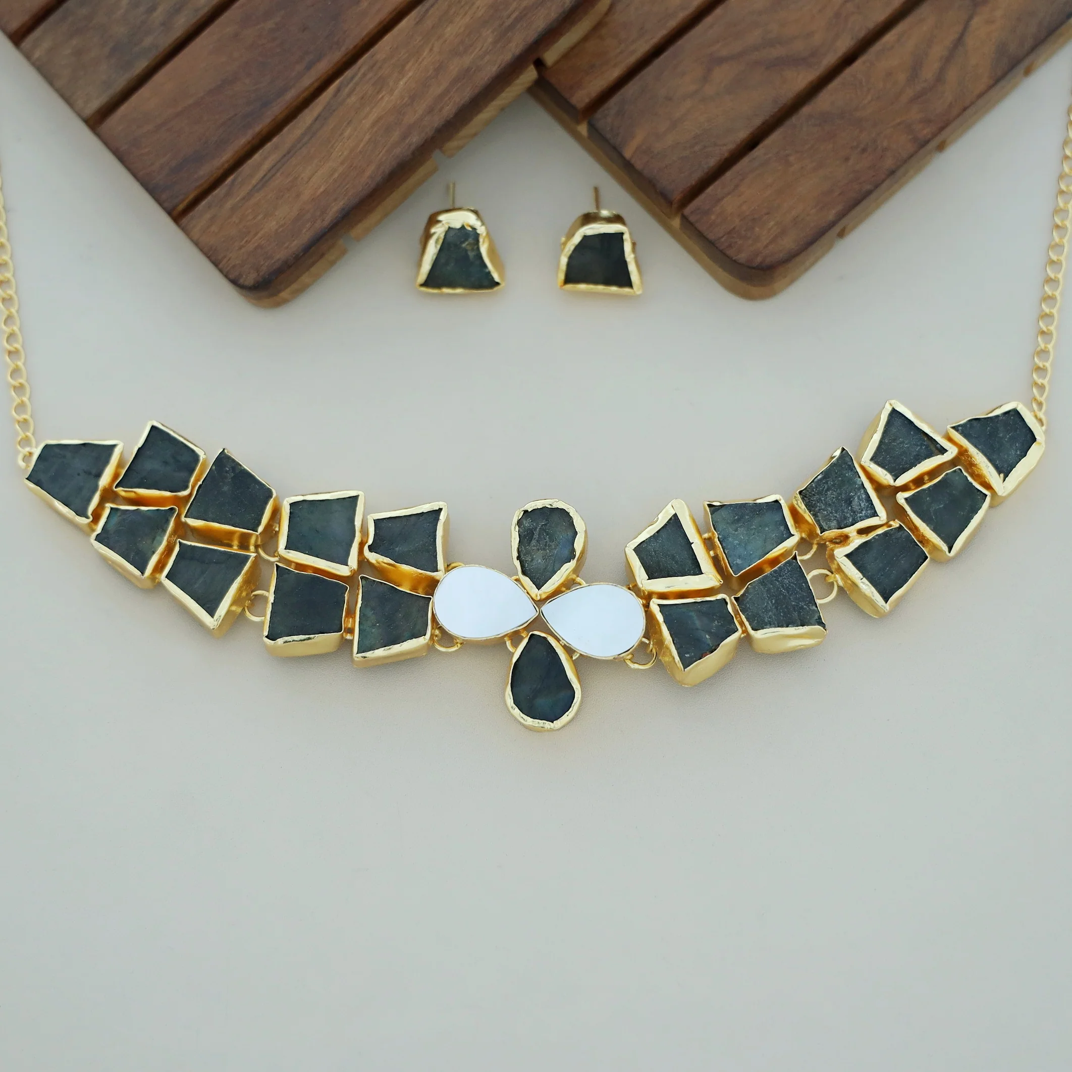 Adina 2 Layer Raw Stone + MOP Choker With Earring - Image 9